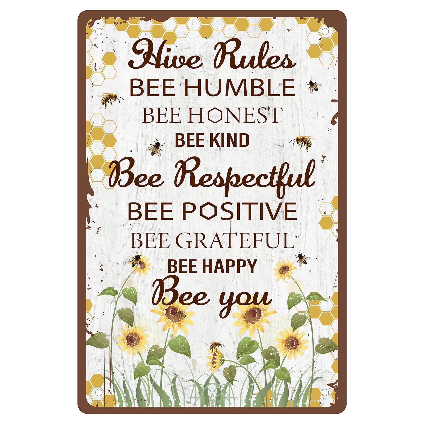 CREATCABIN Metal Tin Sign Hive Rules Bee Happy Retro Vintage Funny Wall Decor Art Mural Hanging Iron Painting for Home Garden Bar Pub Kitchen Living Room Office Garage Poster Plaque 8 x 12inch