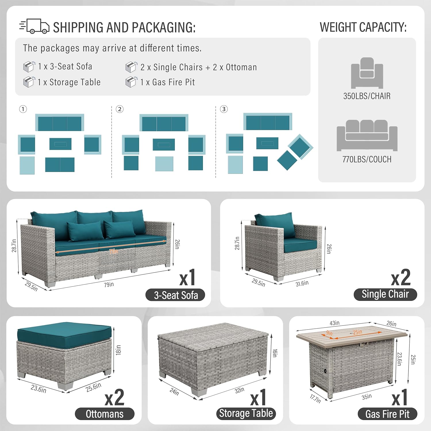 WAROOM Patio Furniture Set 6 Piece PE Rattan Outdoor Conversation Sets Grey Wicker Couch Sectional Sofa with Fire Pit Table and Peacock Blue Cushion
