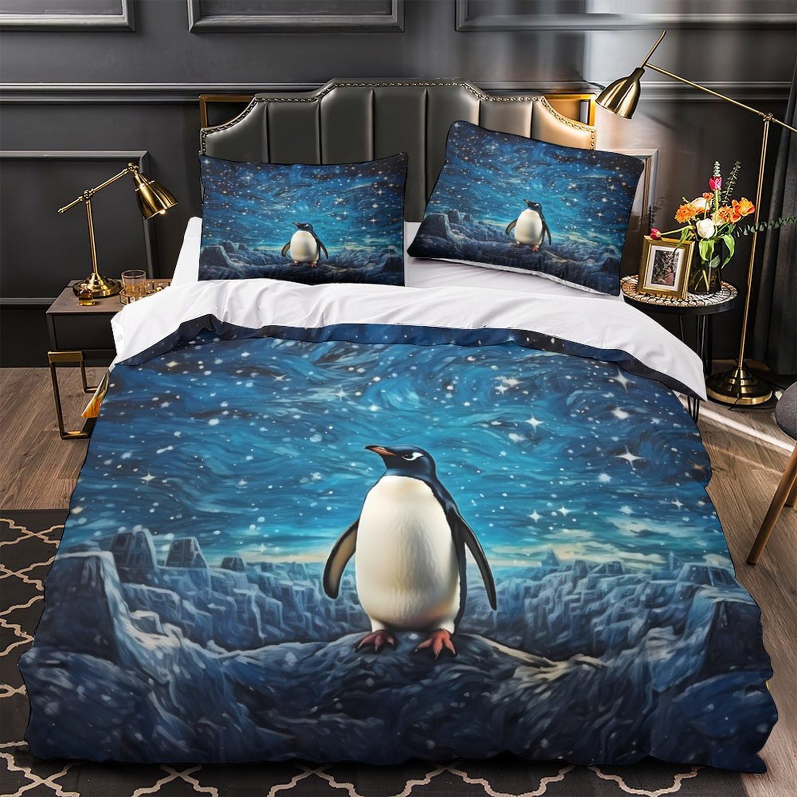 Ensemble de literie 3D respirant et doux parure couette pingouin starry night garçon