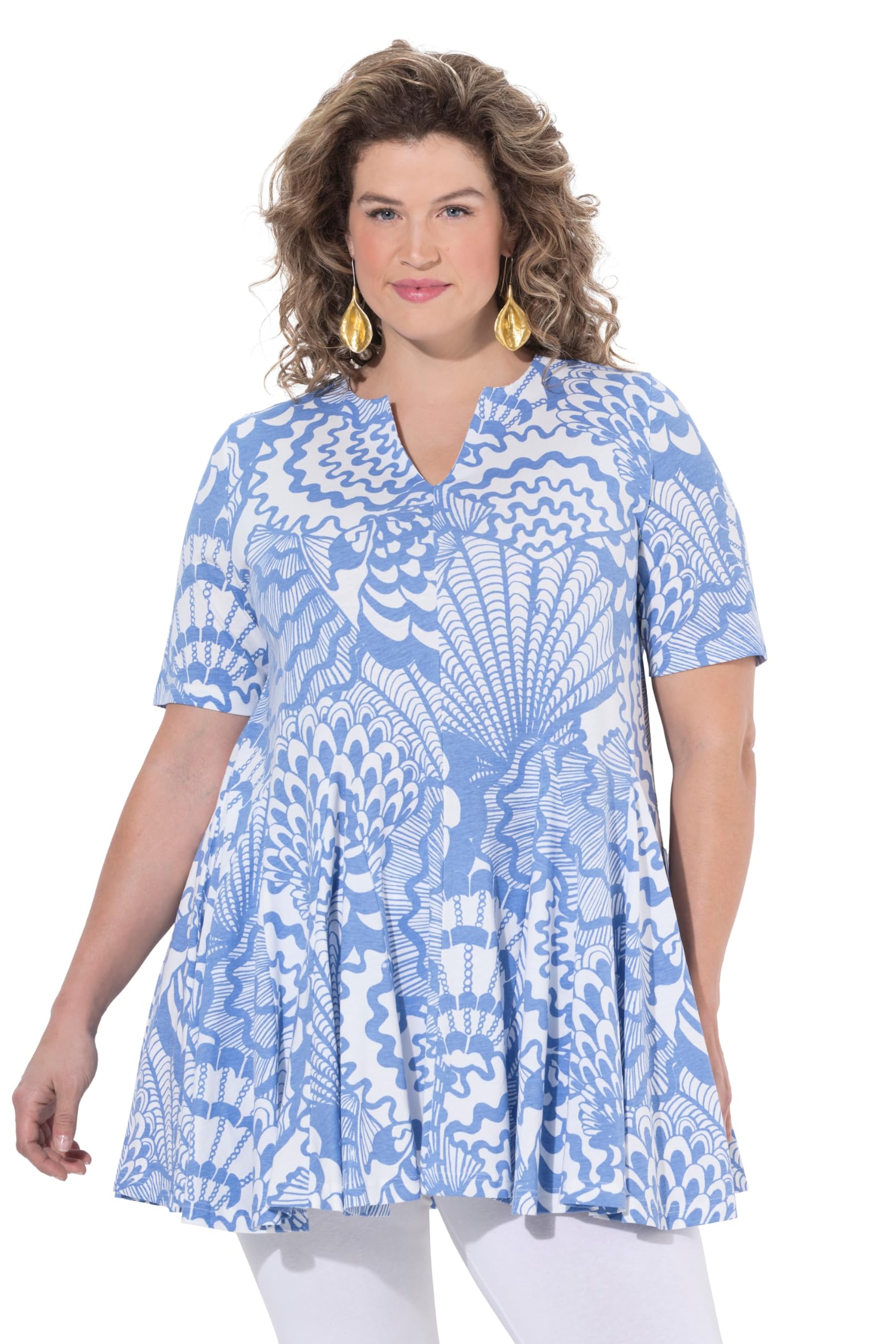 Ulla Popken Damen große Größen Übergrößen Plus Size T-Shirt, Muscheln, Godetfalten, Tunika-Ausschnitt, Halbarm 847657