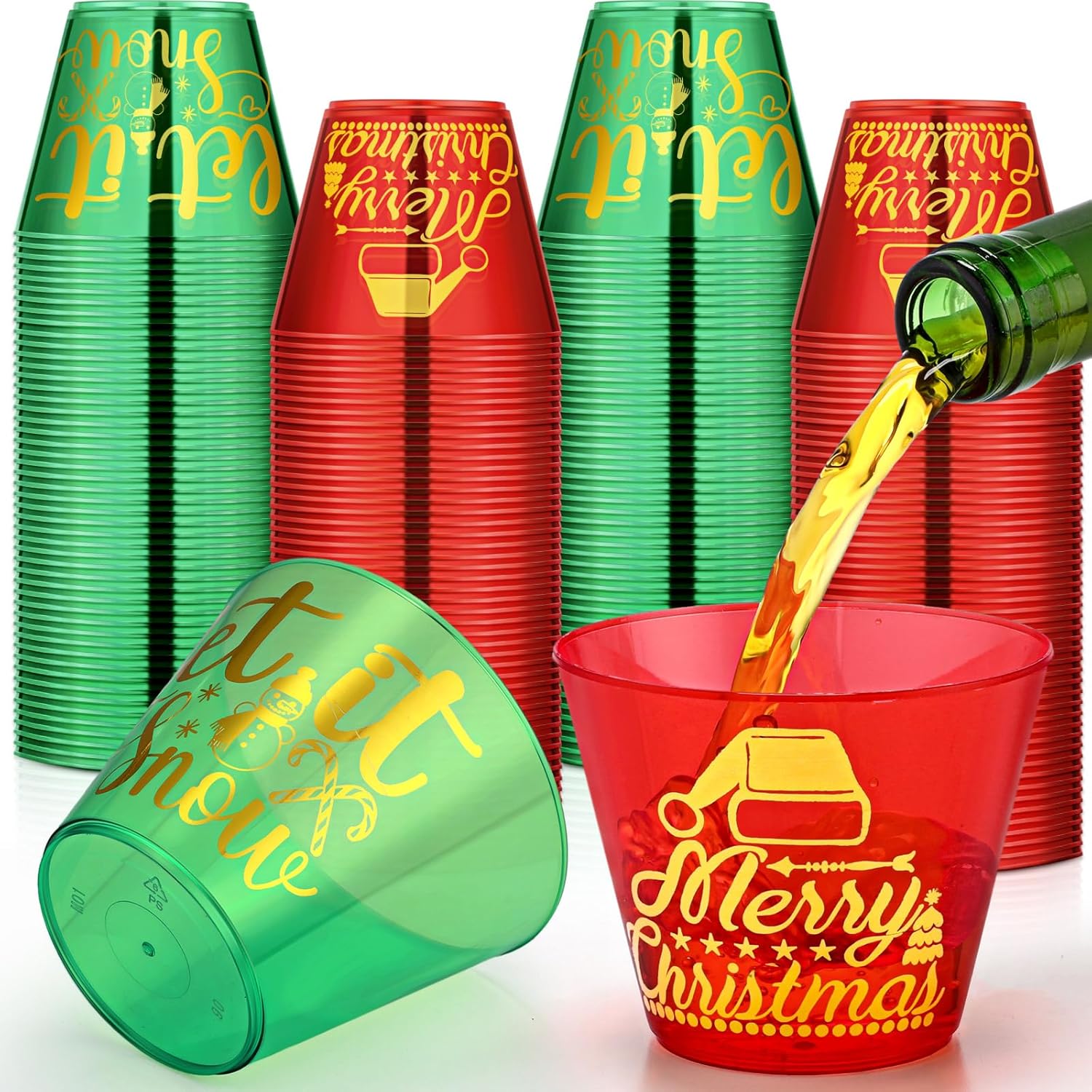 Bokon 120 Pcs 9 oz Christmas Clear Plastic Cups Dark Green and Red Christmas Disposable Wine Cups Disposable Cocktail Clear Plastic Tumblers for Xmas Parties Holiday Drinking