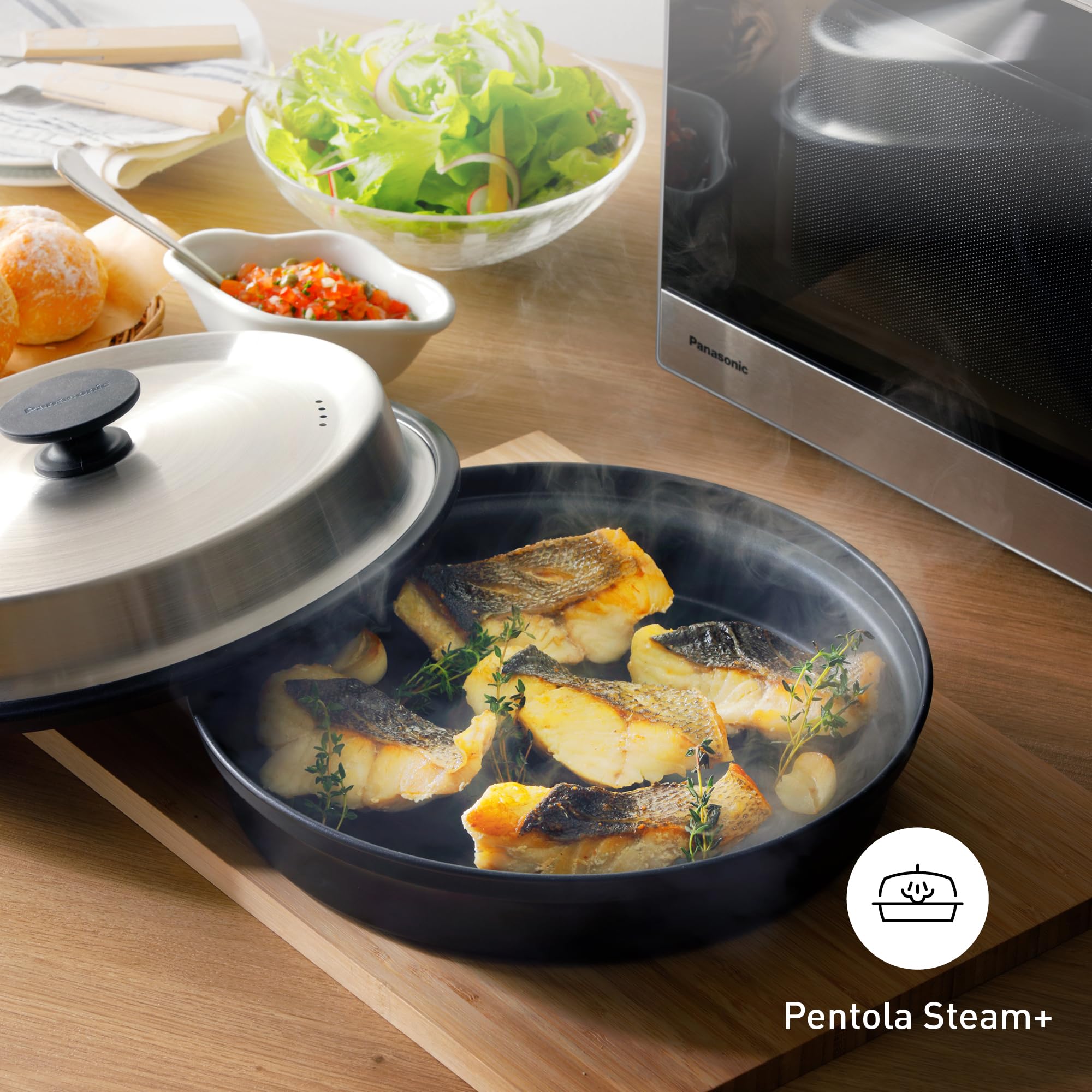 Panasonic NN-GD39QSEPG Forno a Microonde 29L con Grill e Teglia Steam+, 1000W, Auto Defrost, Cottura Combinata, Timer, Argento e Acciaio Inox