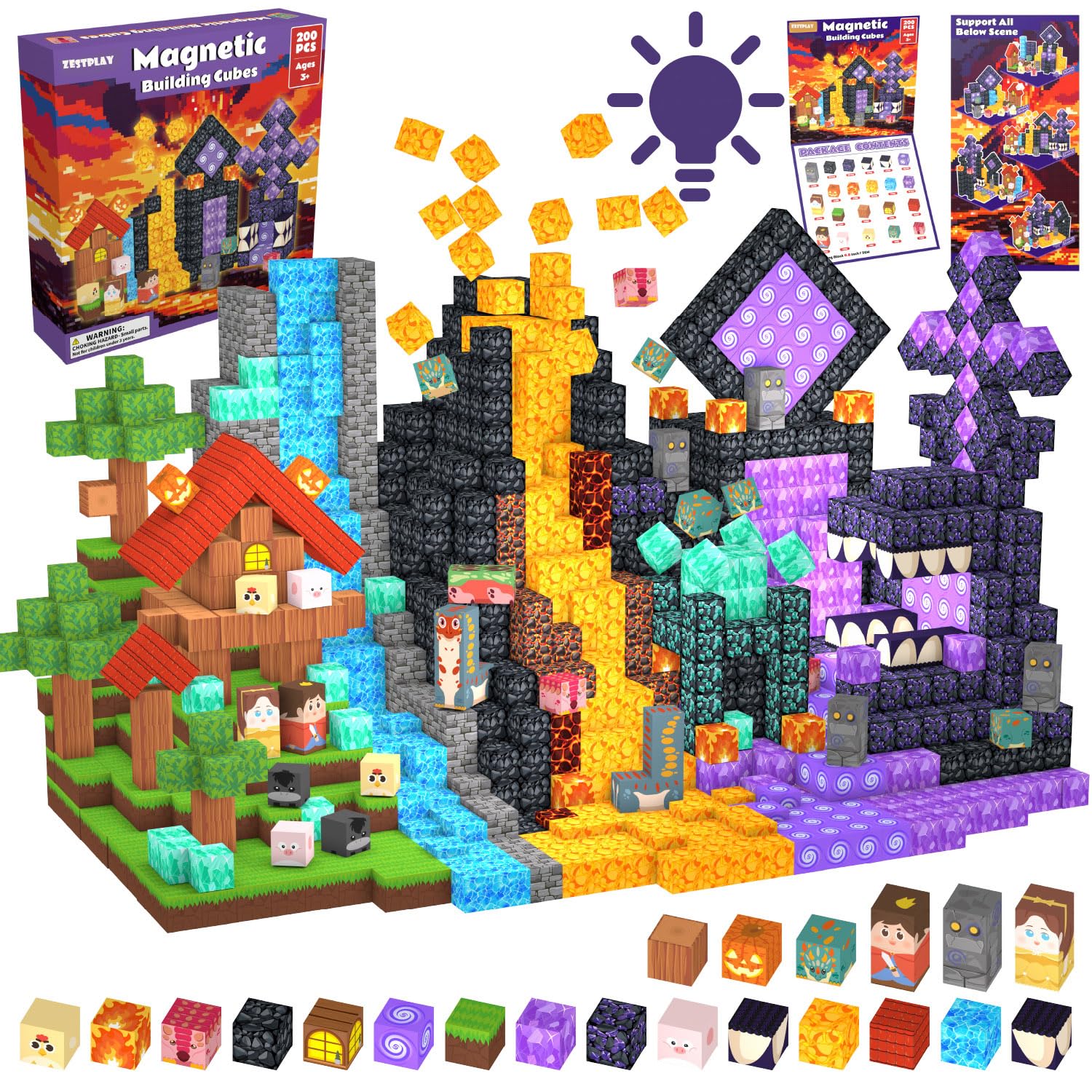 Magnetic Blocks Volcanic Eruption-200PCS Magnetic Building Blocks,Magnetic Cubes for Ages 3-10 STEM Sensory Educational Stacking Toys for Boys & Girls Birthday Gifts.