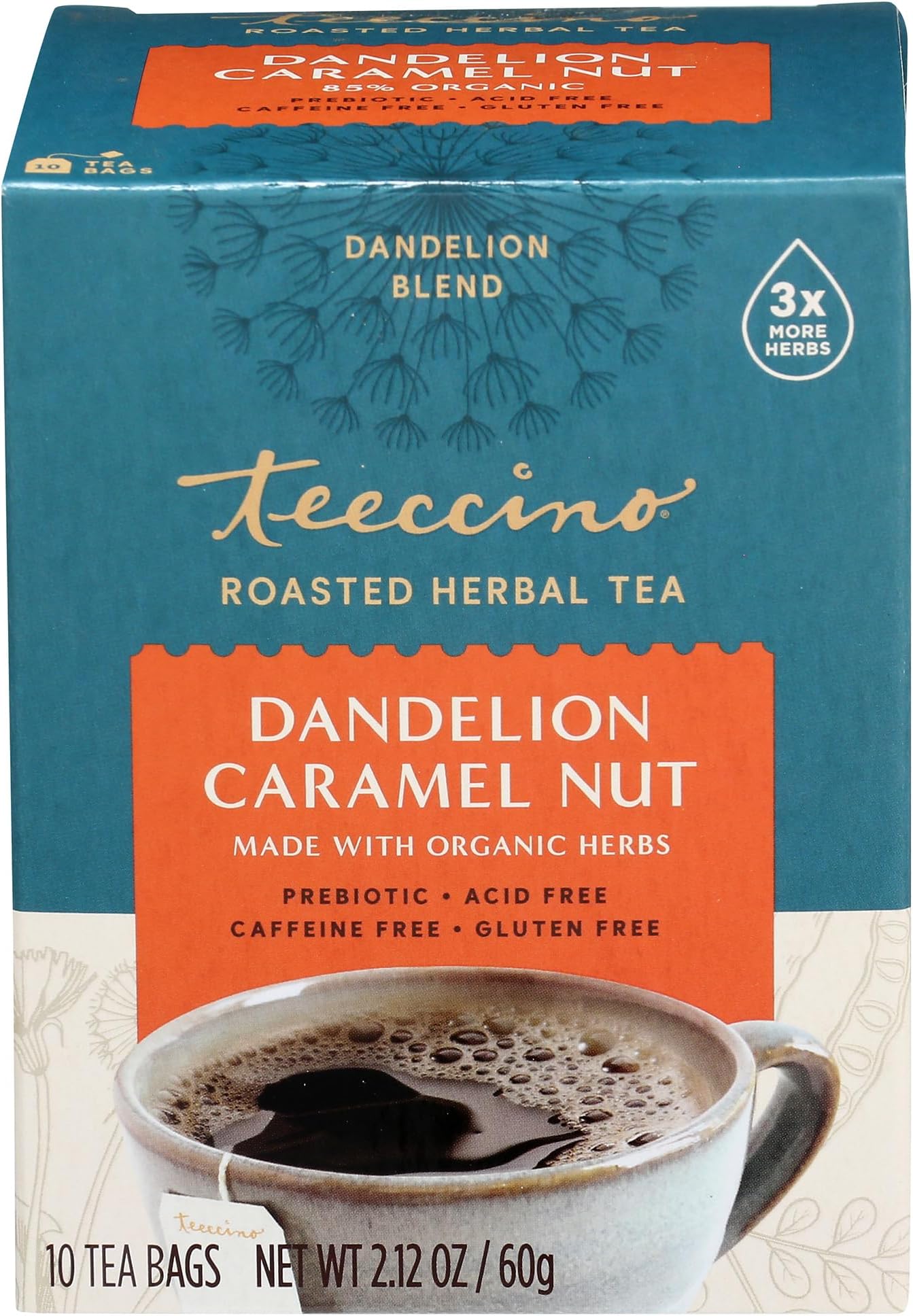 Teeccino Dandelion Caramel Nut Tea - 10 Tea Bags - Caffeine Free, Roasted Herbal Tea with Prebiotics, 3x More Herbs than Regular Tea Bags, Gluten Free