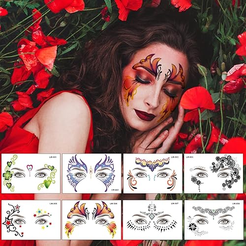 Miniatura 6 de 8 hojas de calcomanías de cara de Halloween, calcomanías temporales para tatuajes en las cejas y los ojos, tatuajes temporales para mujeres,