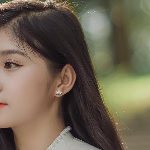 Vista 6 de Aretes de plata de ley 925 con diseño de loto para mujer, hipoalergénicos, minimalistas