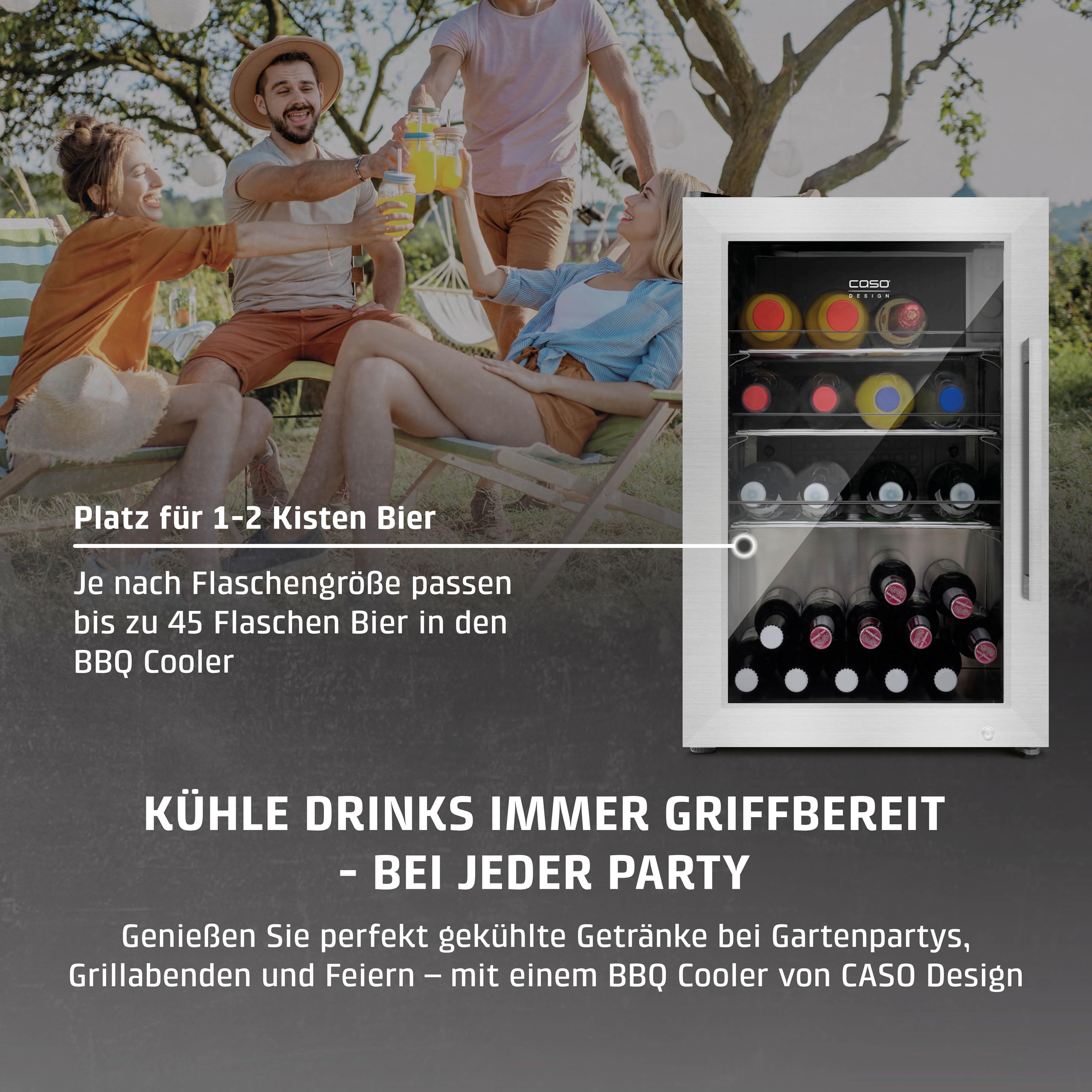 Caso BBQ Cooler S-L, Kühlschrank 63L, Türanschlag links, Temperatur -1-10°C, für Innen- und Außenbereich geeignet, IPX4/Spritzwasserschutz, Einbau geeignet, UV Sicherheistglas, abschließbar