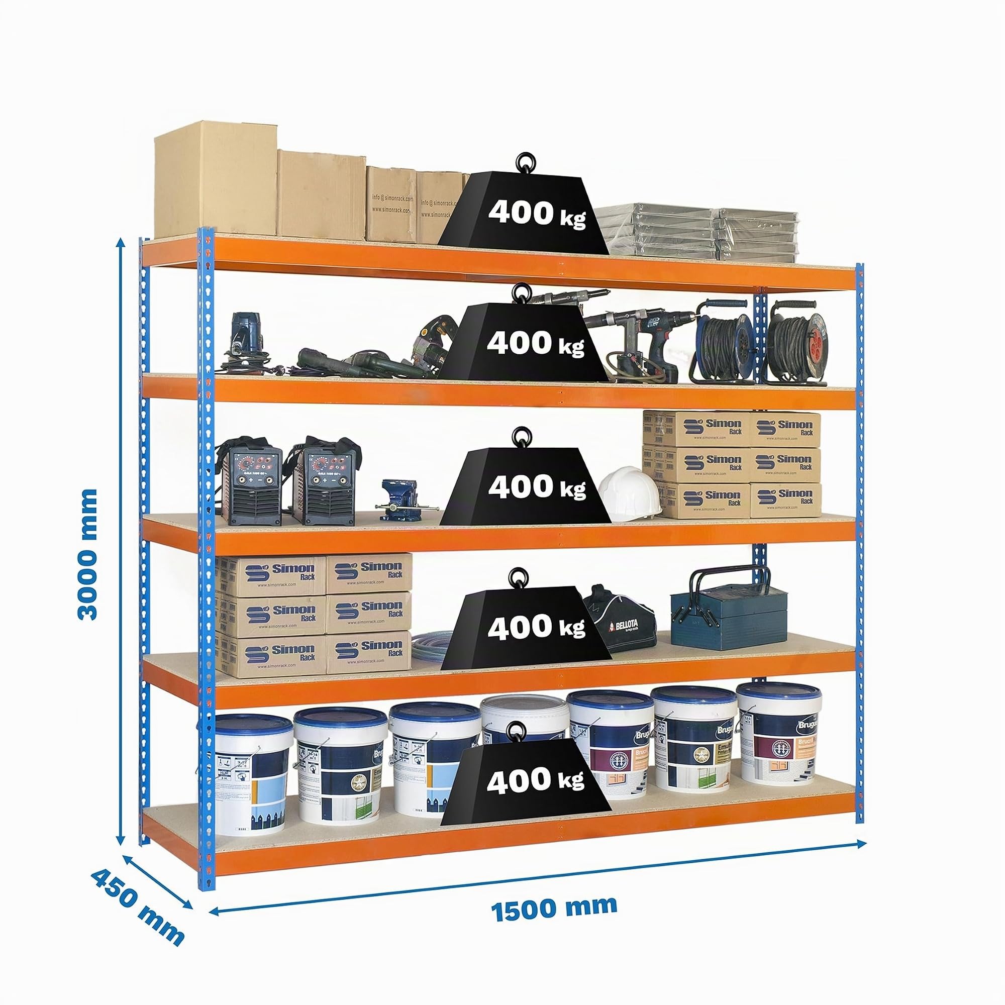 SimonRack Estantería Metálica Almacenaje, Sin Tornillos, 5 Baldas Madera, Alta Capacidad Carga 400 kg, 3000x1500x450 mm, Estantería Taller Garaje Trastero, Azul/Naranja/Madera | 5 Estantes Madera, 400 kg de Punto Flexión, Pintura anticorrosión, Azul/Naran