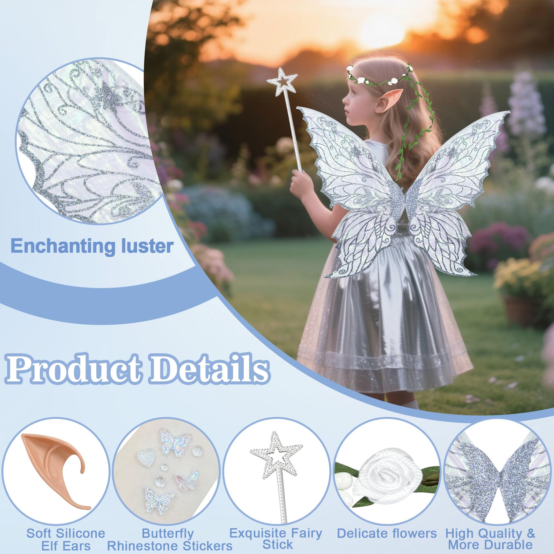 YeahBoom Children's fairy wings, butterfly wings with elf ears, fairy headband and star fairy wands, butterfly wings - Image 3