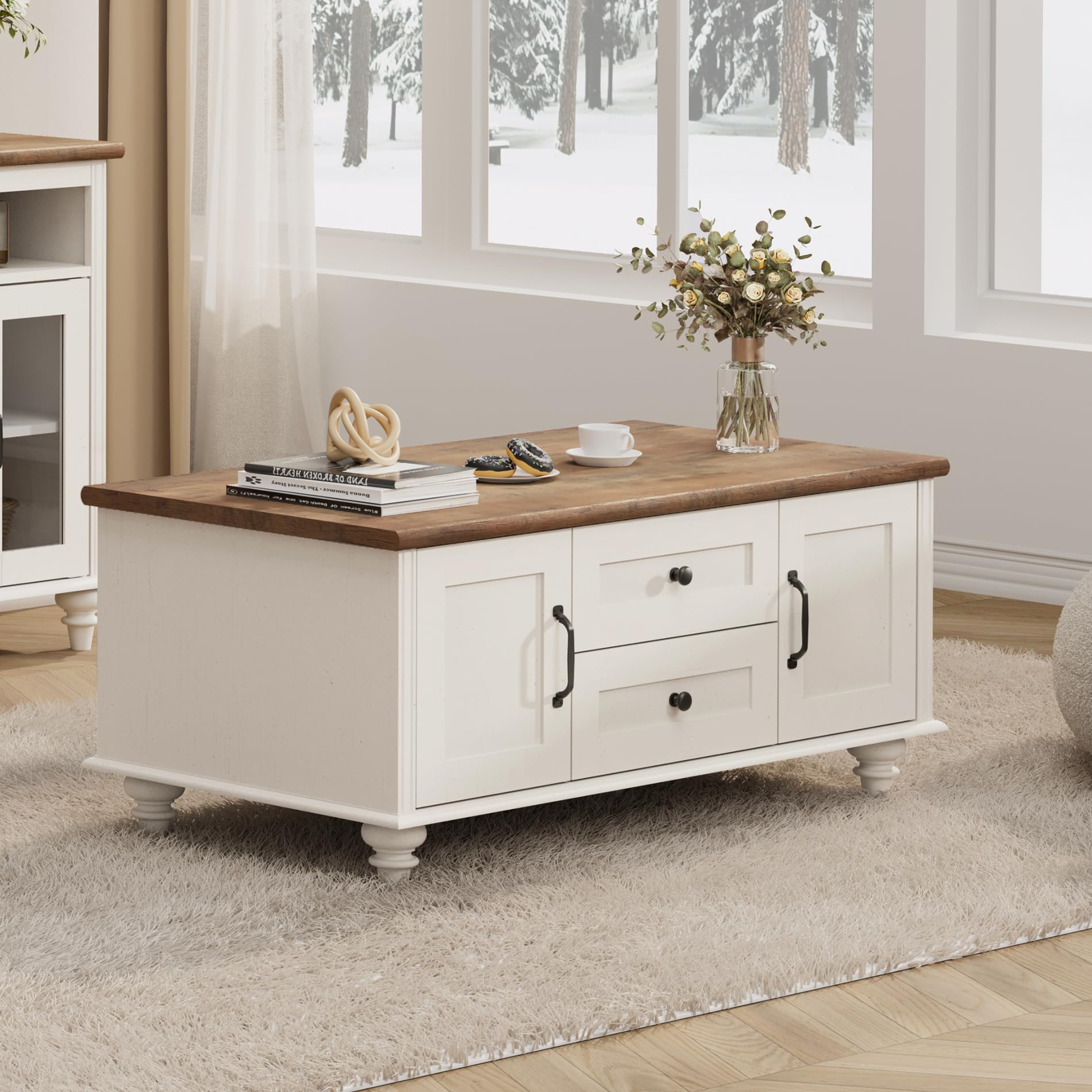 WAMPAT Farmhouse Coffee Table with Two Drawers and Double Doors