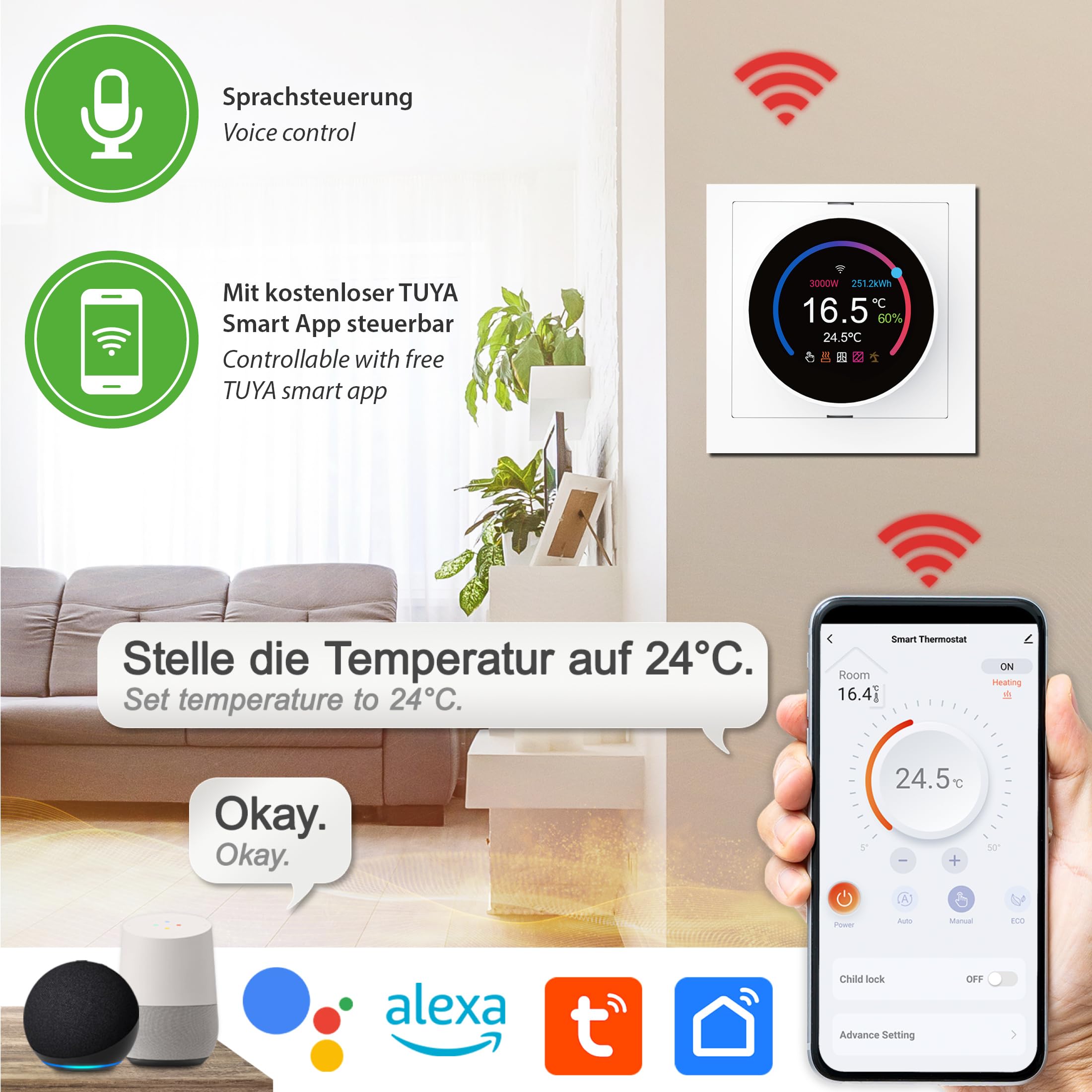Mi-Heat TH11 WiFi Smart Raumthermostat weiß - für Fussbodenheizung Temperaturregler Thermostat Tuya App