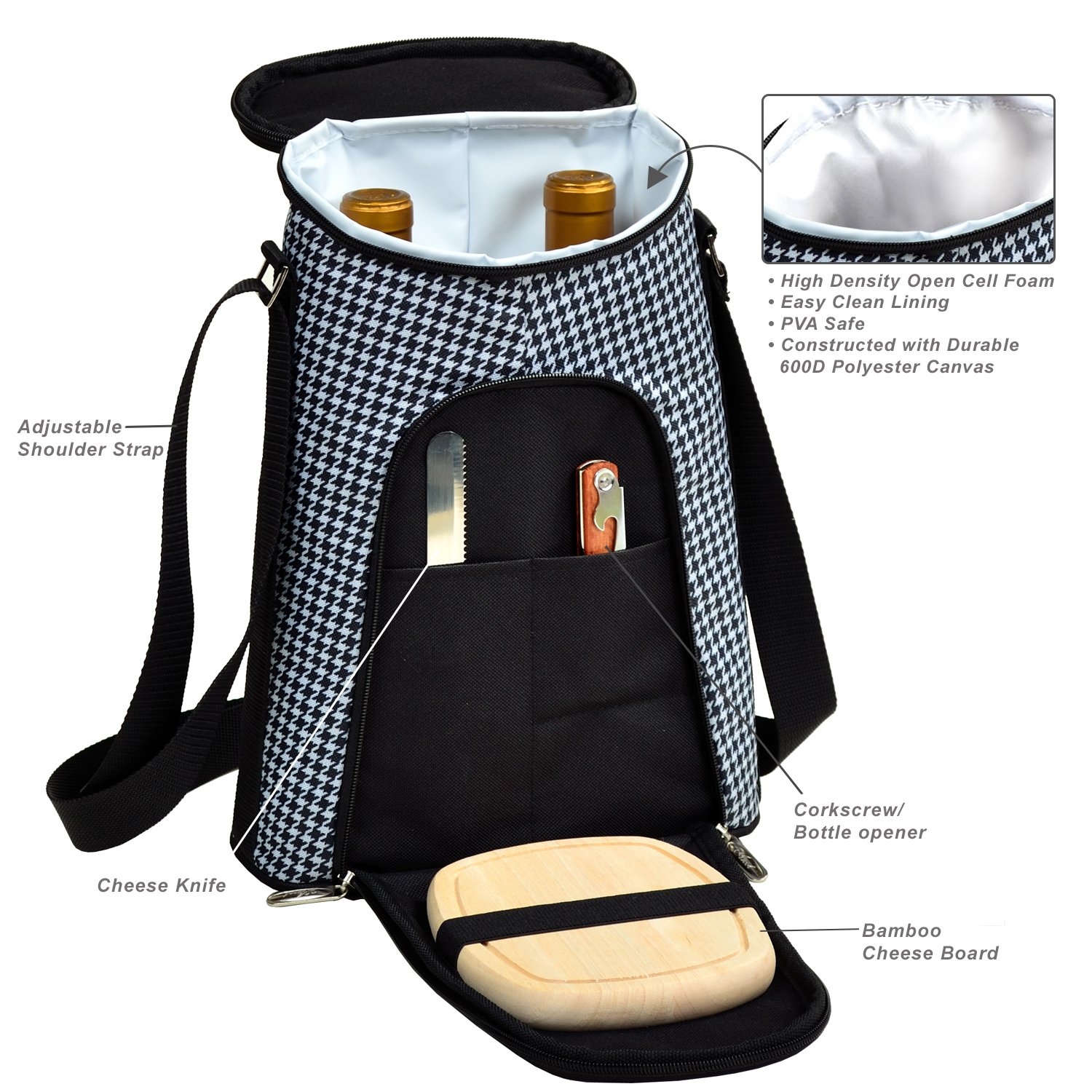 Picnic at Ascot Personalized Monogrammed Stylish 2 Bottle Insulated Wine Tote Bag with Cheese Board, Knife and Corkscrew