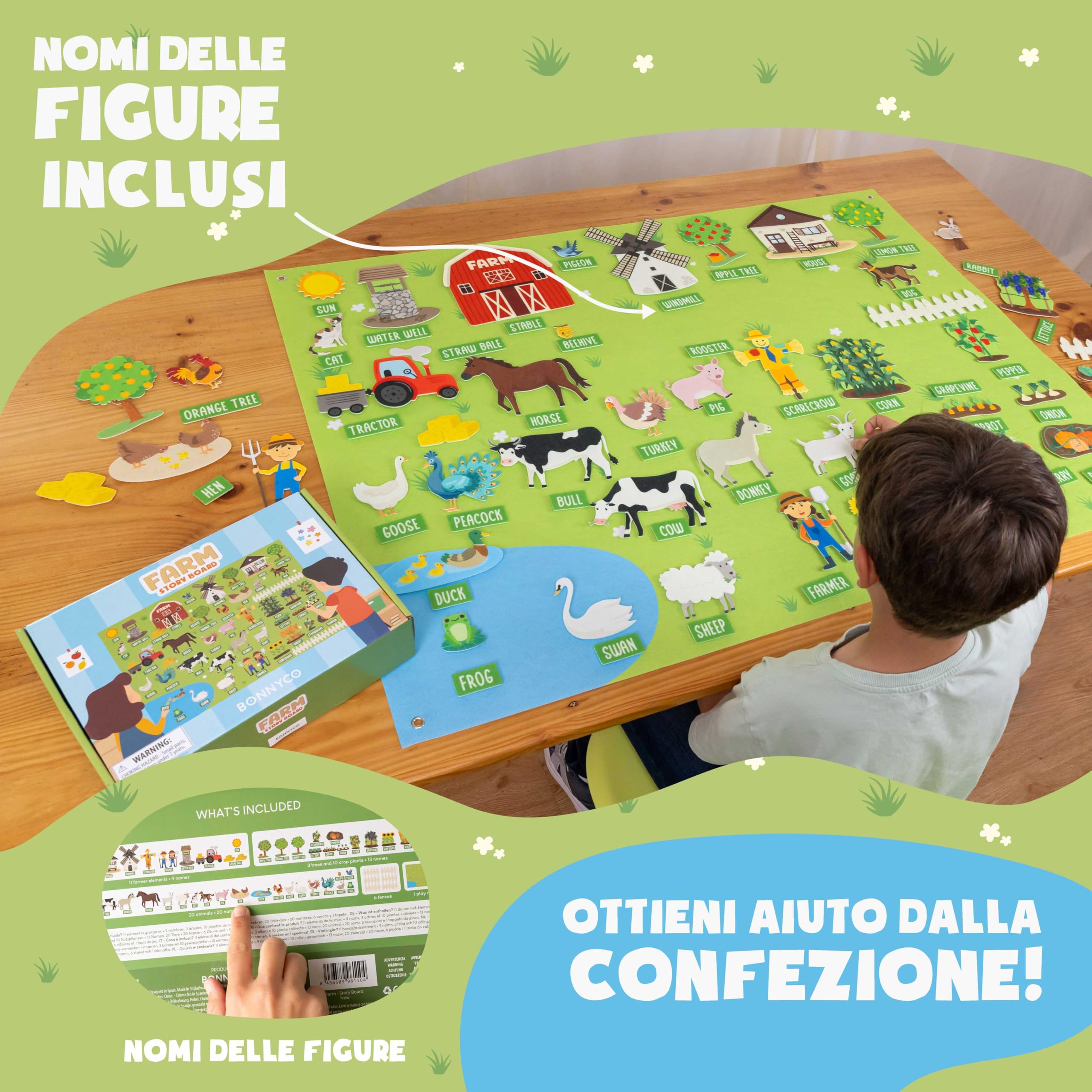 BONNYCO Lavagna di Feltro con 92 Figure di Animali della Fattoria. Giochi Montessori e Regalo Compleanno Bambini dai 3-8 Anni. Pannello Sensoriale per Autismo, Giocattoli Educativi