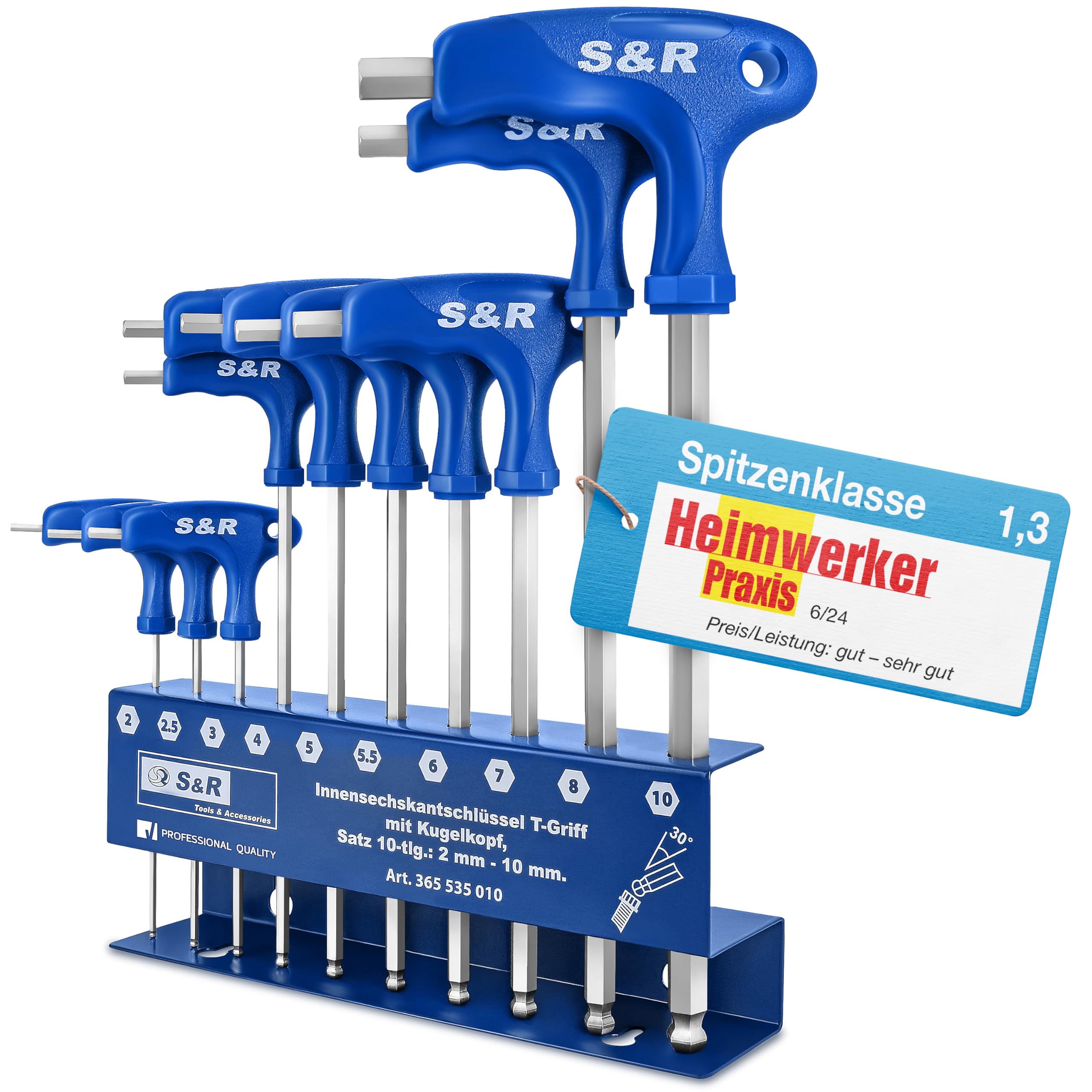S&R Innensechskantschlüssel Satz HX, S2 Hochleistungsstahl, T-Griff, Kugelkopf, zuverlässiger Korrosionsschutz, Werkzeughalter aus Metall, 10-tlg 2 mm - 10 mm, Sechskant Schlüssel Set Metrisch