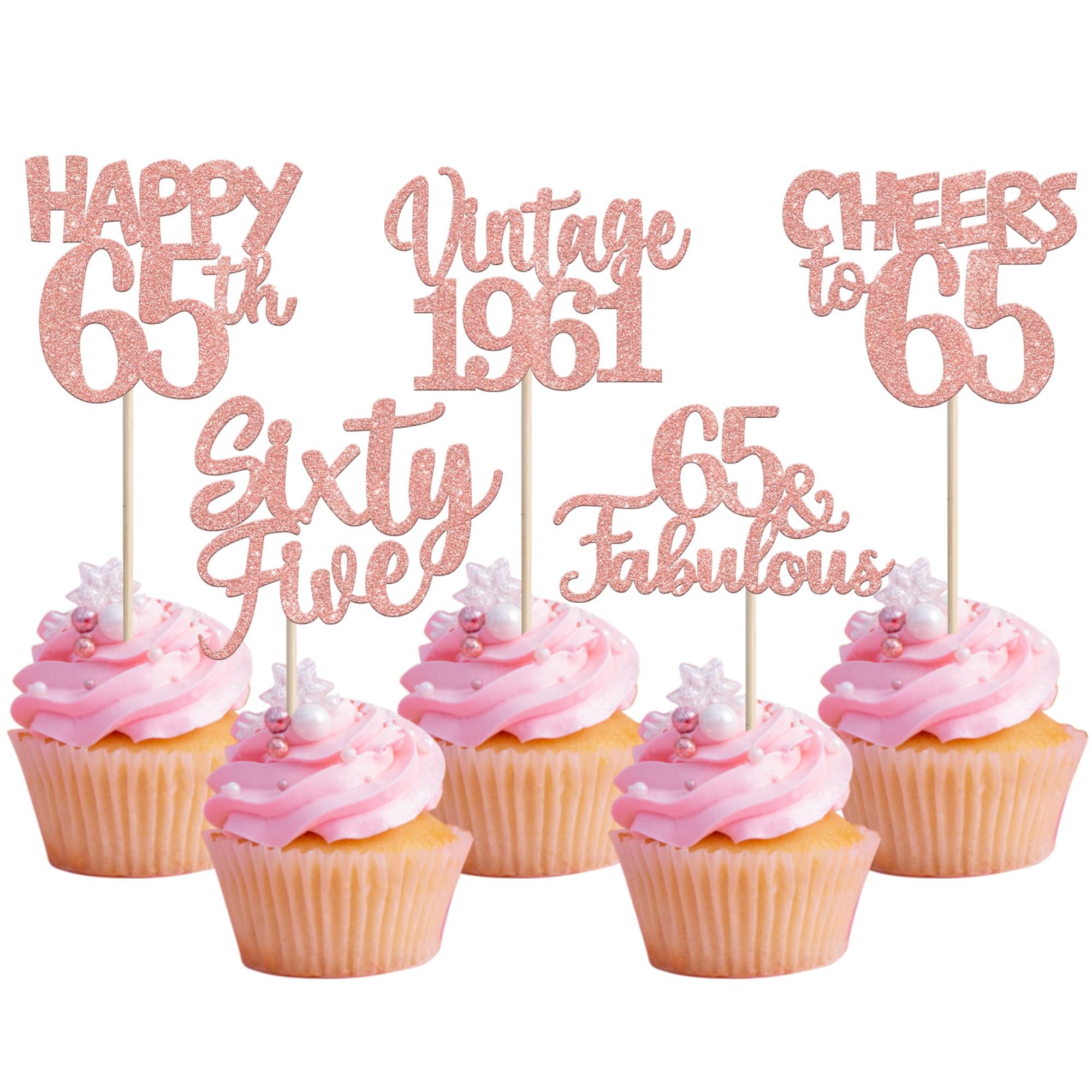 30PCS Happy 65th Birthday Cupcake Toppers Glitter Sixty Five 65 Fabulous Vintage 1961 Cupcake Picks Cheers to 65 Years for 65th Birthday Anniversary