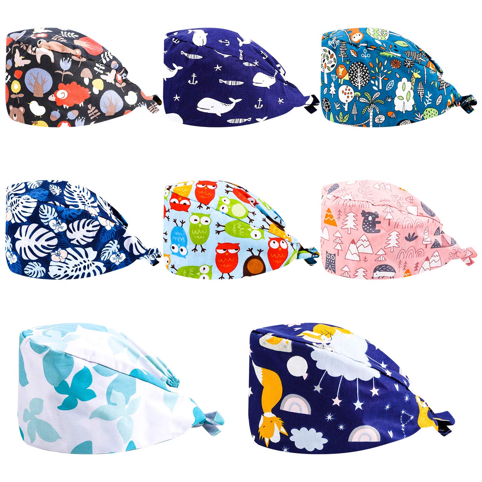 QINREN8 Pack Scrub Caps Set, Colorful Printed Bouffant Turban Hat Working Cap Tie Back Caps Adjustable Sweat Absorption Cap Hair Cover Unisex Caps with Sweatband for Women Men Favors