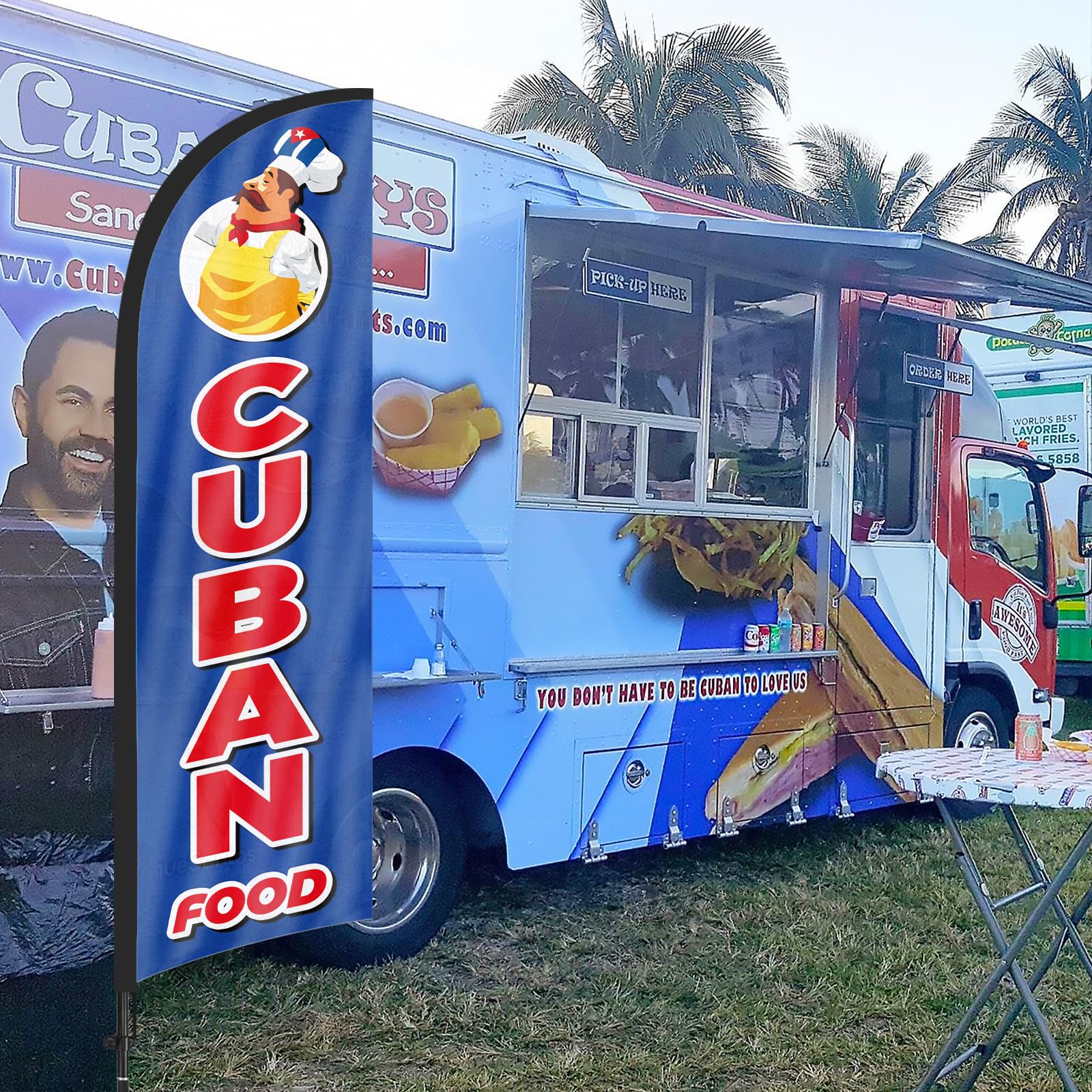 Bandera de plumas de comida cubana con kit de mástil de bandera y estaca para el suelo, bandera cubana de 8.2 pies, bandera sin viento para negocios para publicidad al aire libre