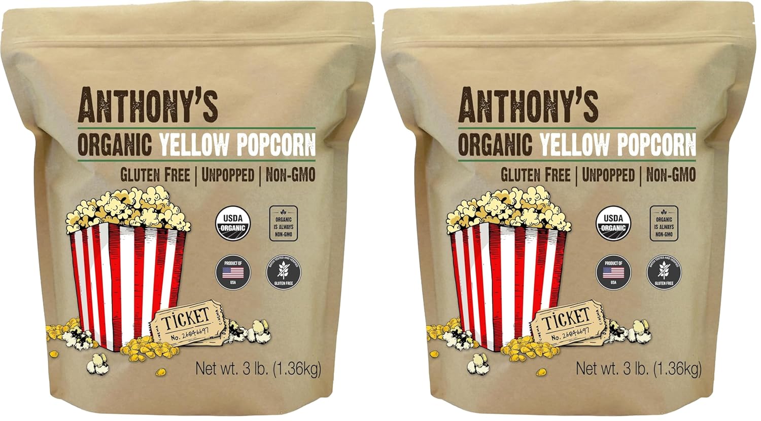 Anthony's Organic Yellow Popcorn Kernels, 3 lb, UnPopped, Gluten Free, Non GMO (Pack of 2)