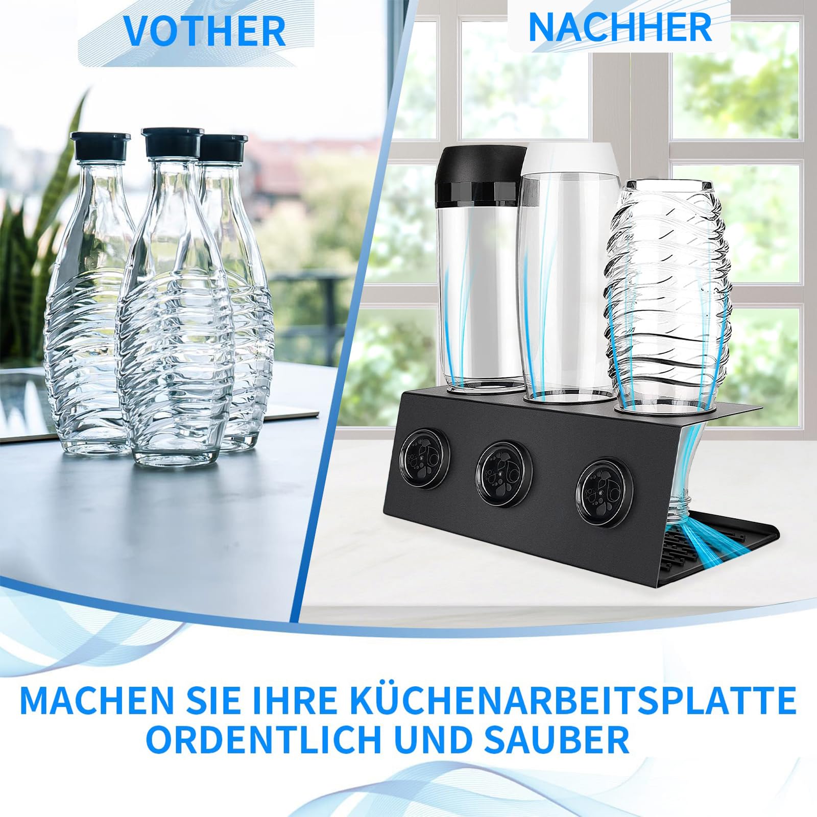 Flaschenhalter für SodaStream, 3er Abtropfhalter aus Edelstahl Abtropfständer mit Herausnehmbare Abtropfwanne und Deckelhalter, Abtropfständer für SodaStream Crystal und Emil Flaschen Küche, Haushalt & Wohnen
