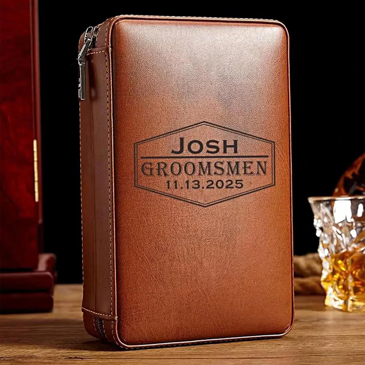Personalized Leather Cigar Humidor Travel Case- Custom Engraved Cigar Accessories Gift for Men - Premium Zippered Pocket for Lighter & Cutter - Ideal Cigar Case for Groomsmen, Father's Day & Weddings