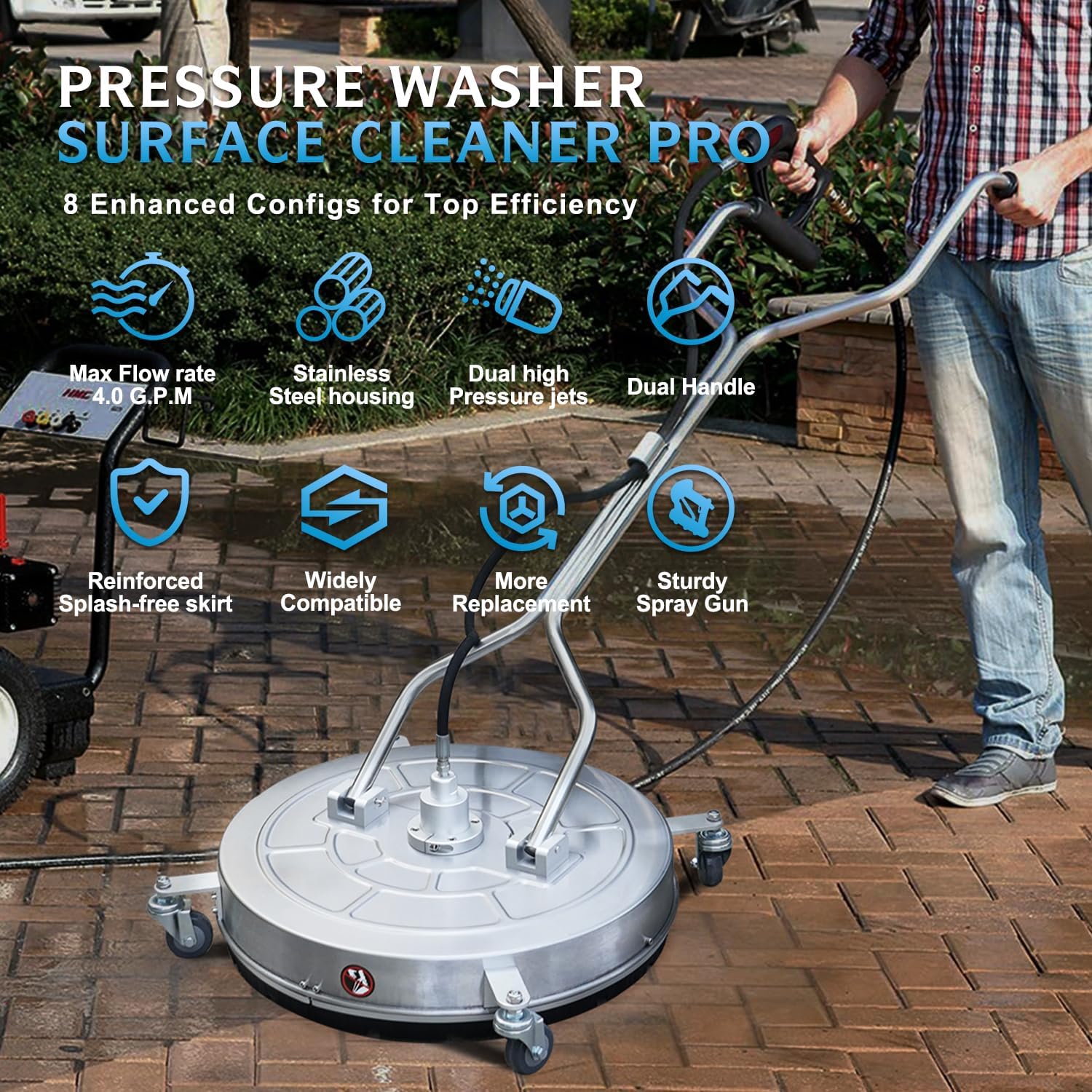 RAYNEL 24'' Pressure Washer Surface Cleaner with 4 Wheels, Dual Handle, Stainless Steel Housing, 2 Hose Adapters, 4 Replacement Nozzles