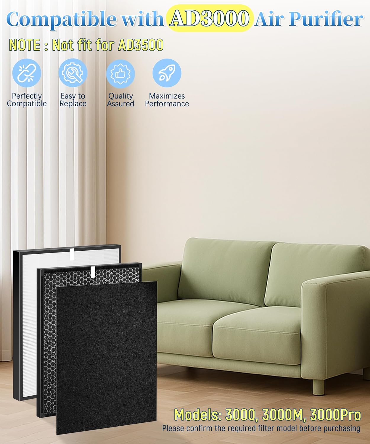 9 Pack 3000 Replacement Filter Compatible with AirDoctor 3000 Air Purifi-er, with 1 Main Filter + 2 Activated Carbon Filters + 6 Pre-Filters