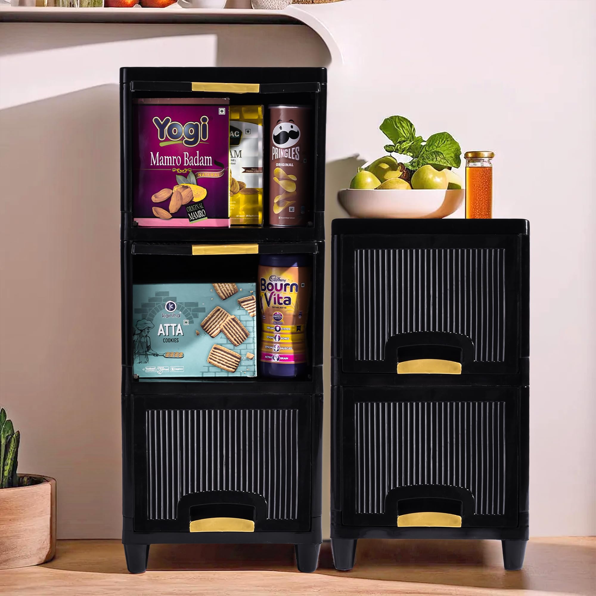 Kuber Industries 5 Units Modular Cabinet Storage Organizer (3 + 2) | Foldable Kid Wardrobe for Cloth & Toys | Easy to Assemble Closet & Space-Saving Cupboard/Plastic Almirah for Cloth | Black