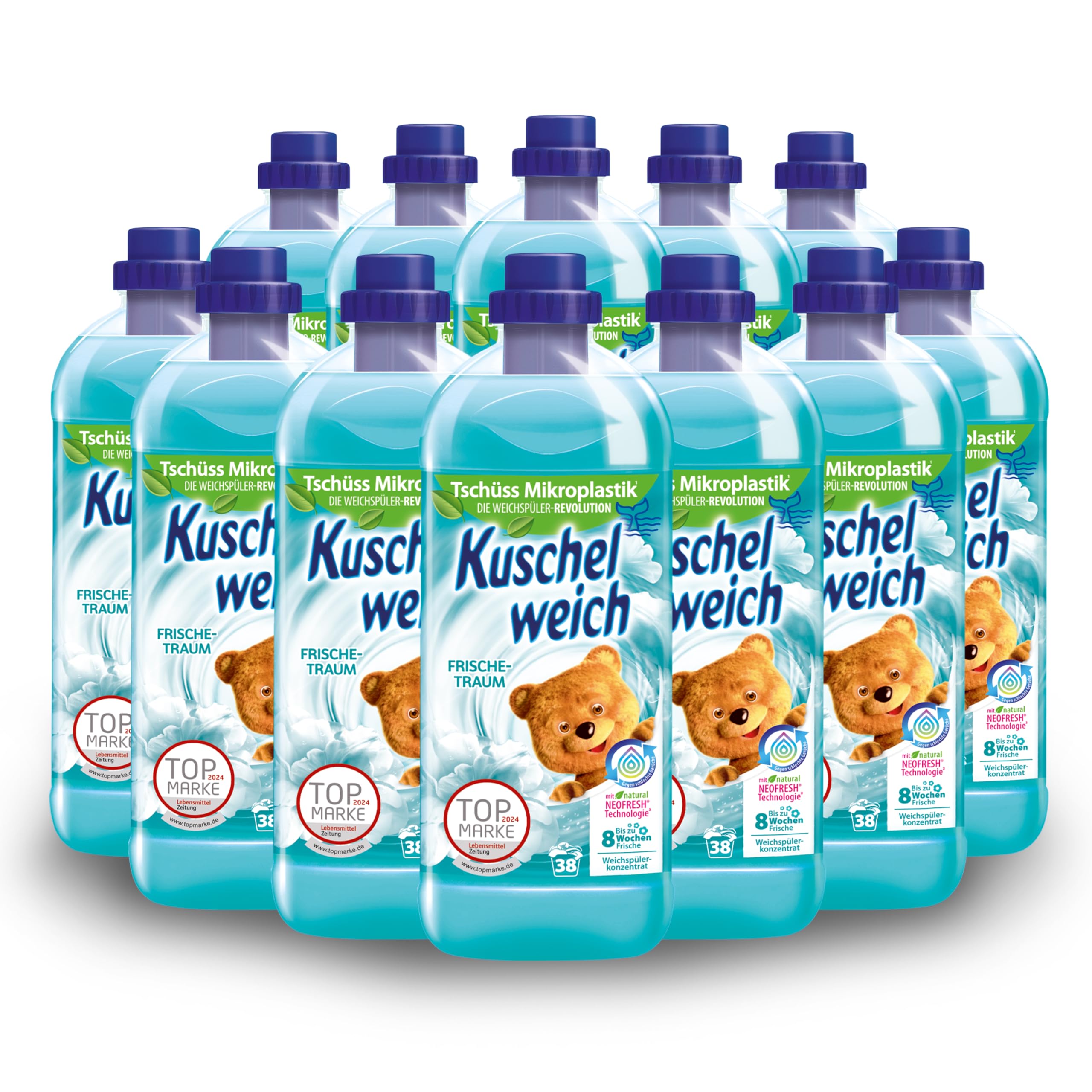 Kuschelweich Weichspüler - 12 x 1 l für je 38 Wäschen, kuschlig-weich - hautverträglich, mikroplastikfrei - Frischetraum