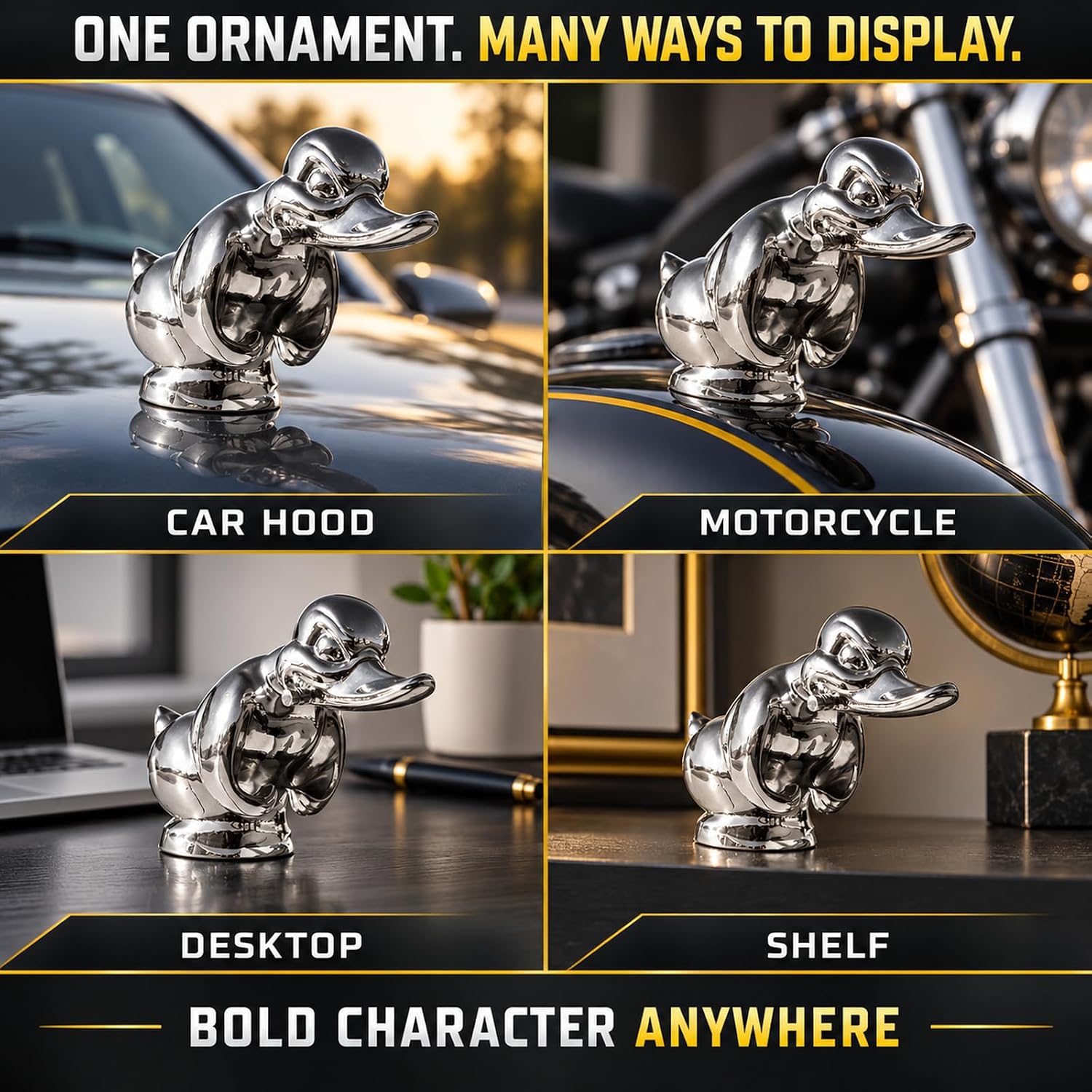 Angry Duck Hood Ornament — 3D Chromed Metal Duck Mascot by,Electroplated Chrome Car Hood Ornament & Desktop Figurine (Silver Plating)