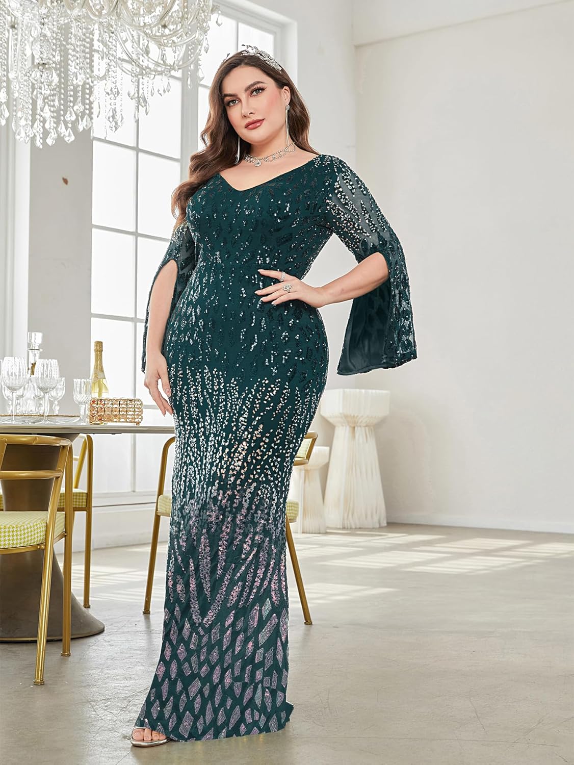 Plus Size Womens Mermaid Sequin Evening Dress Long Sleeves Mother of The Bride Gown - Image 4