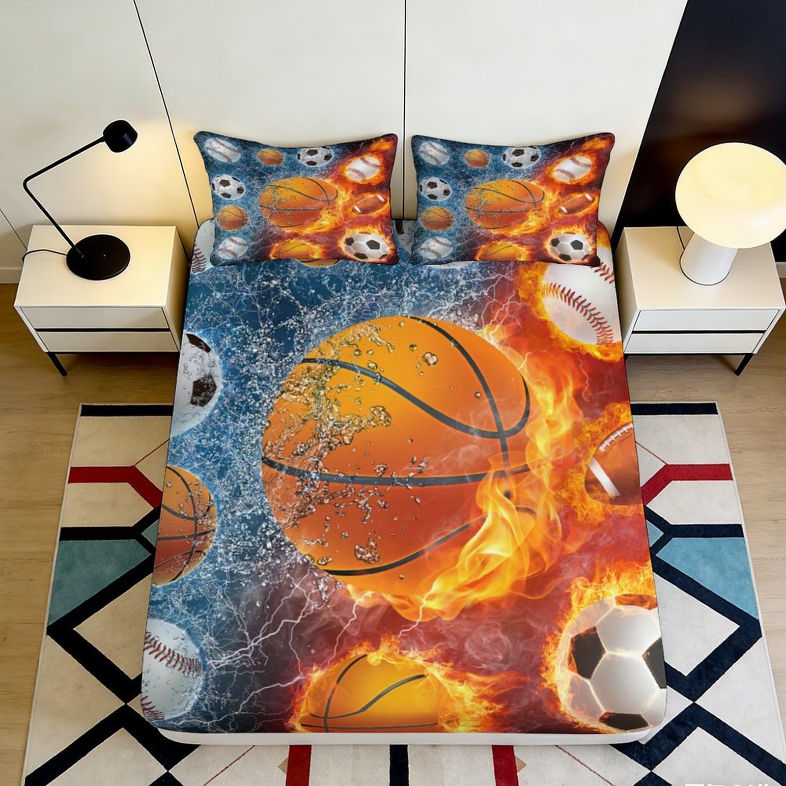 3D Printed Fiery Basketball Sports Fitted Sheet Microfiber Soft Breathable Flaming Balls Bed Cover for Bedroom Dormitory Guest Room Mattress Protection 180x200x25cm