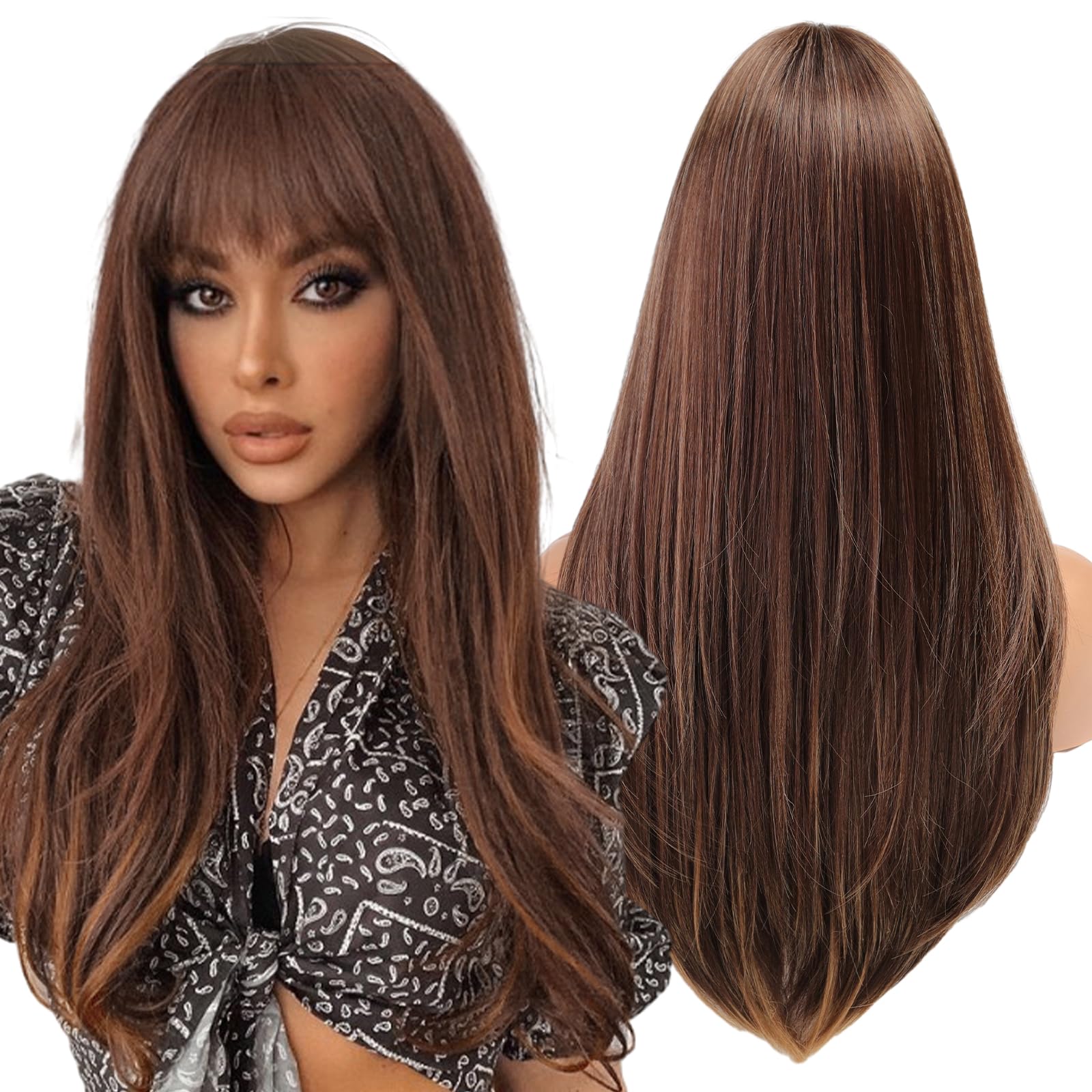 WOKESTAR Brown Wigs for Women Layered Straight Long Wig with Fringe, Brown Highlight, 26 inch