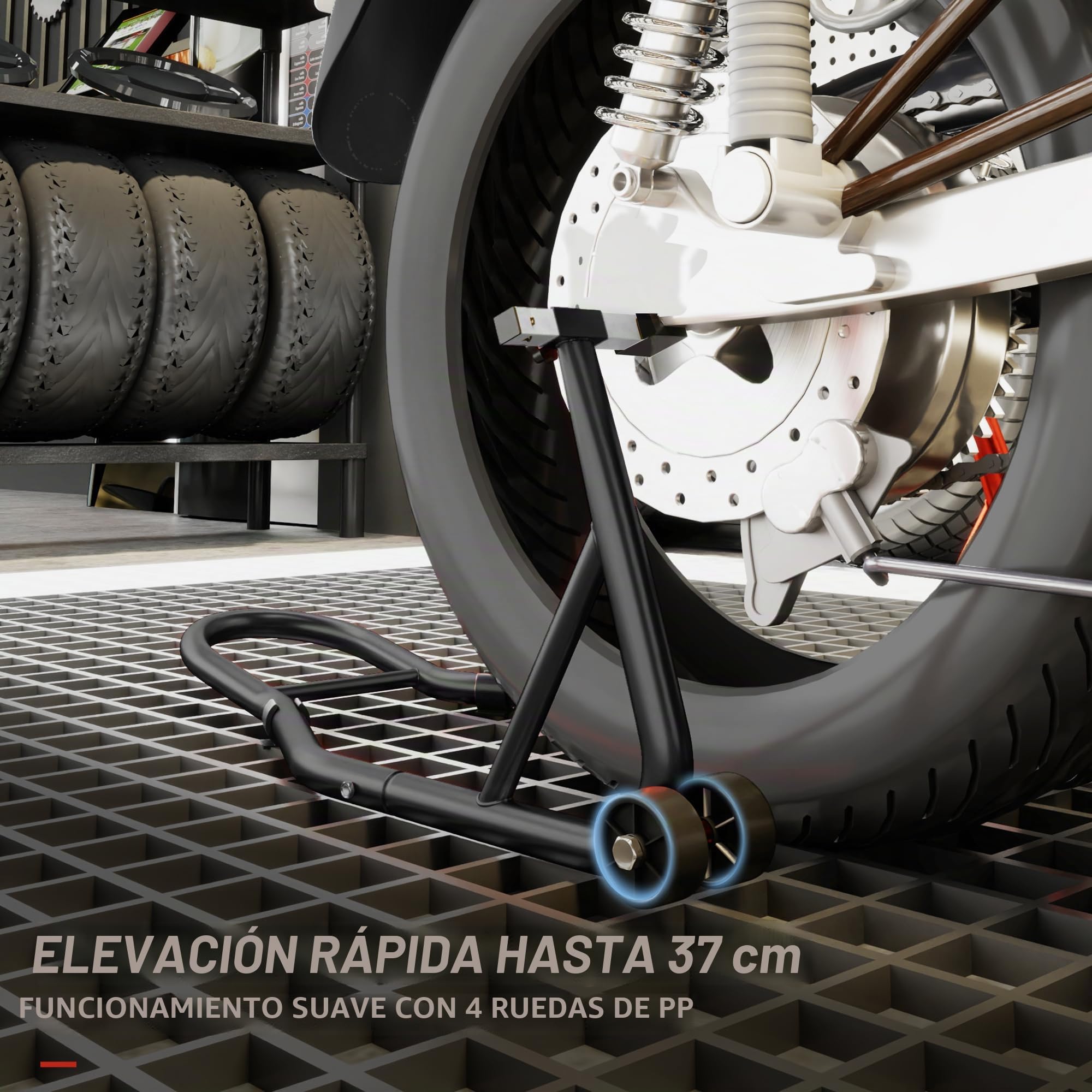 HOMCOM Soporte caballete trasero de moto, soporte de rueda, elevador trasero de moto sobre ruedas con bobina de brazo oscilante U + L, negro