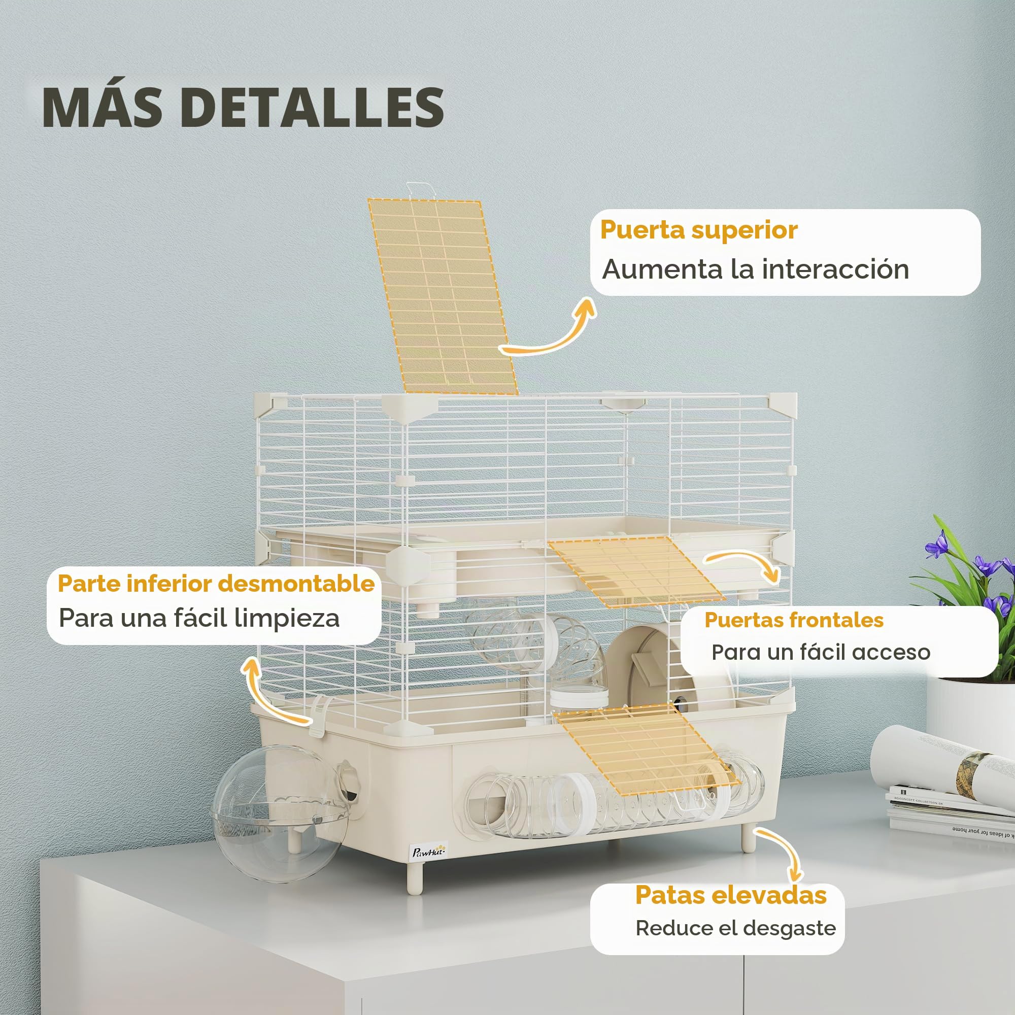Jaula para hámster PawHut de 2 Niveles y 3 Puertas con Rueda, Caja de Arena y Tubos de Juego, Jaula para Mascotas de Acero, PS y PP, 44,5x28x44 cm, Crema y Blanco | Caja de arena con tubos de juego, jaula para hámster, acero, PS y PP, 44,5 x 28 x 44 cm