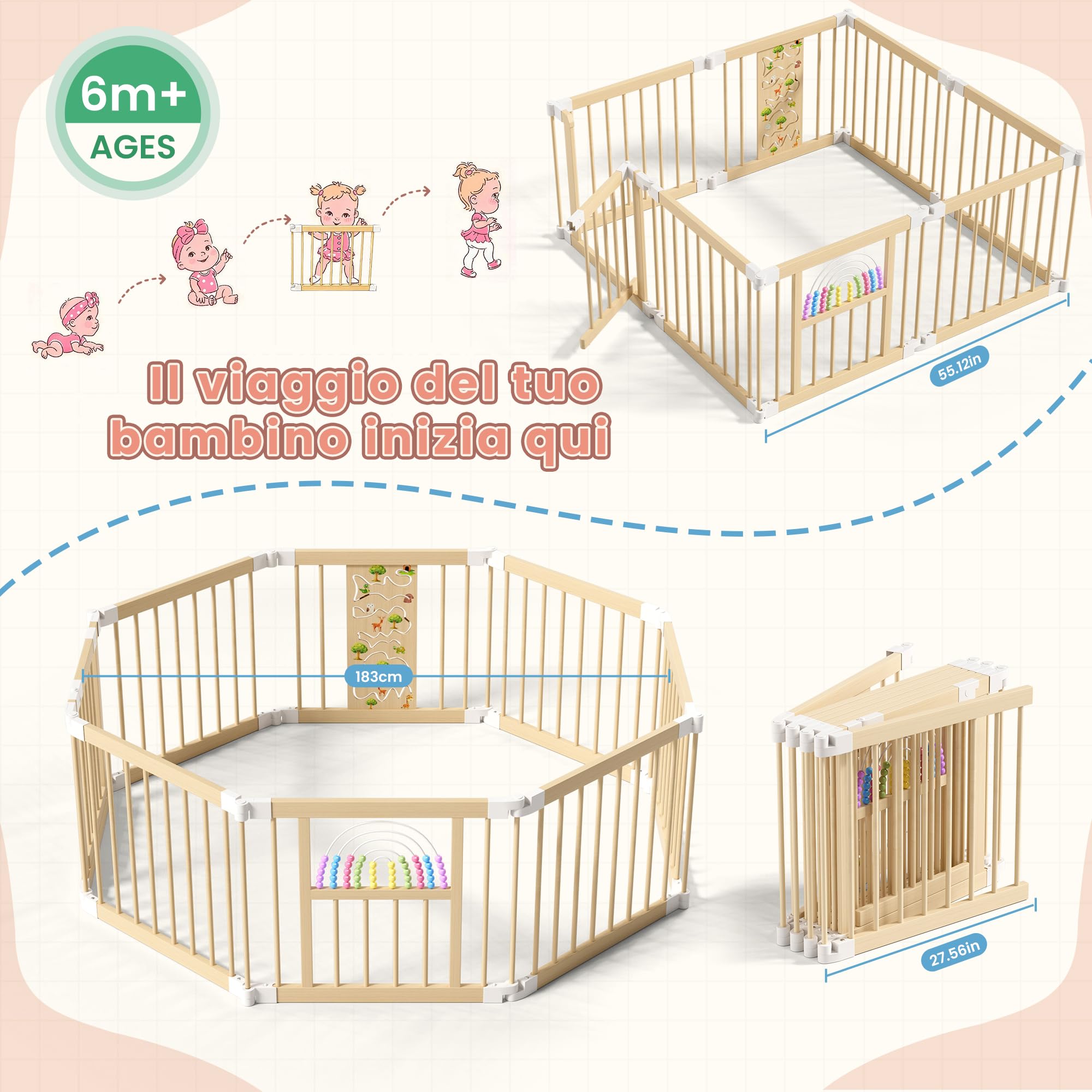BLEKOO Recinto per bambini in legno con centro giochi – 140 x 140 cm Box bambini pieghevole | Recinto in legno regolabile con giochi e cancelletto (8 pezzi)