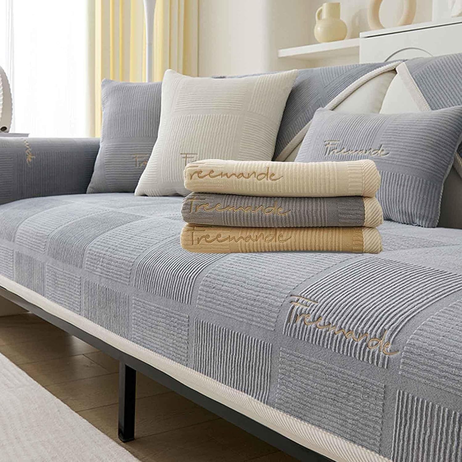 LINGKY Sofa Covers 1/2/3/4 Seater Corner Sofa Covers L Shape Velvet Thick Sofa Protector Non-Slip Sofa Slipcovers for Both Left/Right Chaise Sectional Couch (Gray,90x160cm/Rectangular)