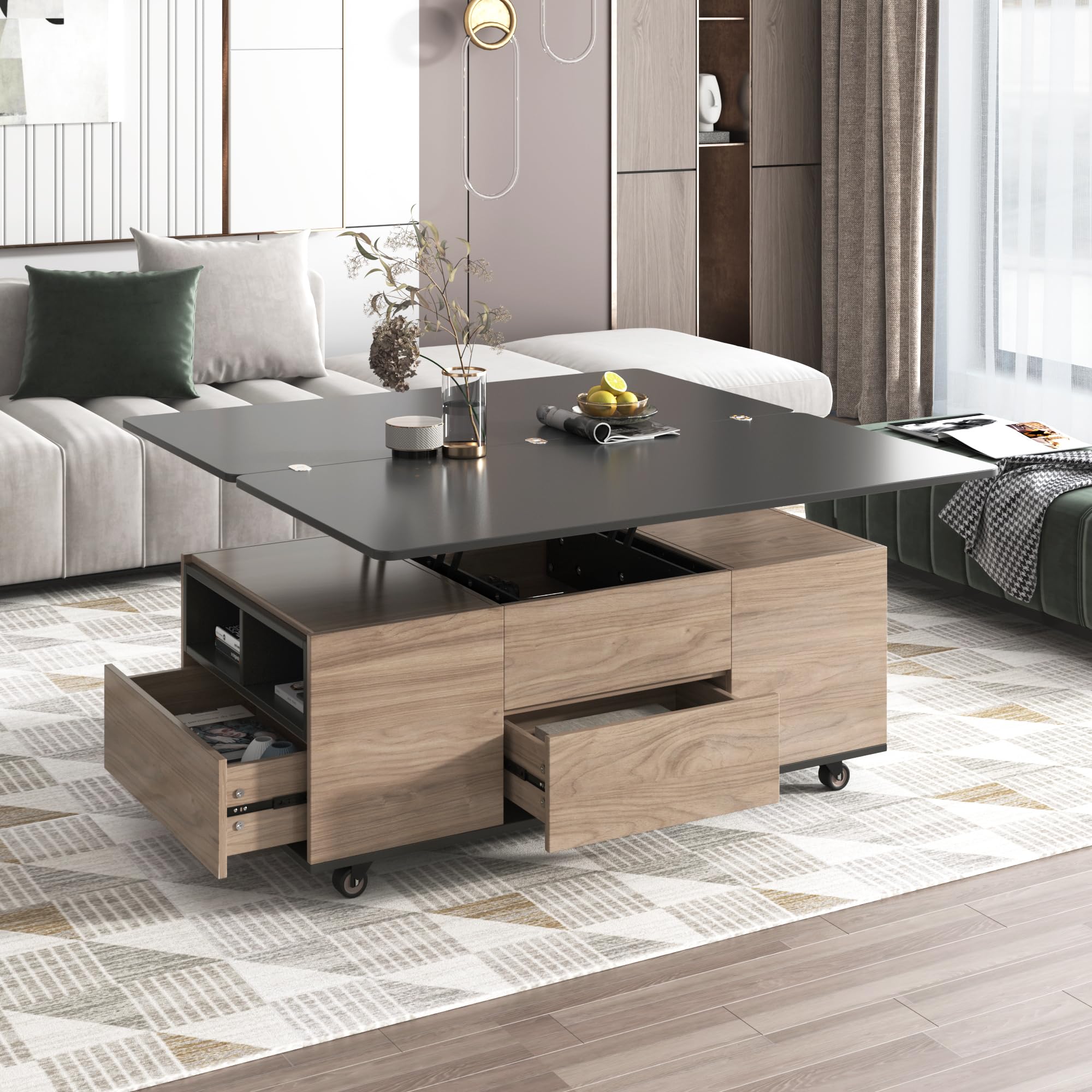 Merax Lift Top Coffee Table,with Fixable Wheels Open Storage Extendable Desktop Drawers, Walnut/Black