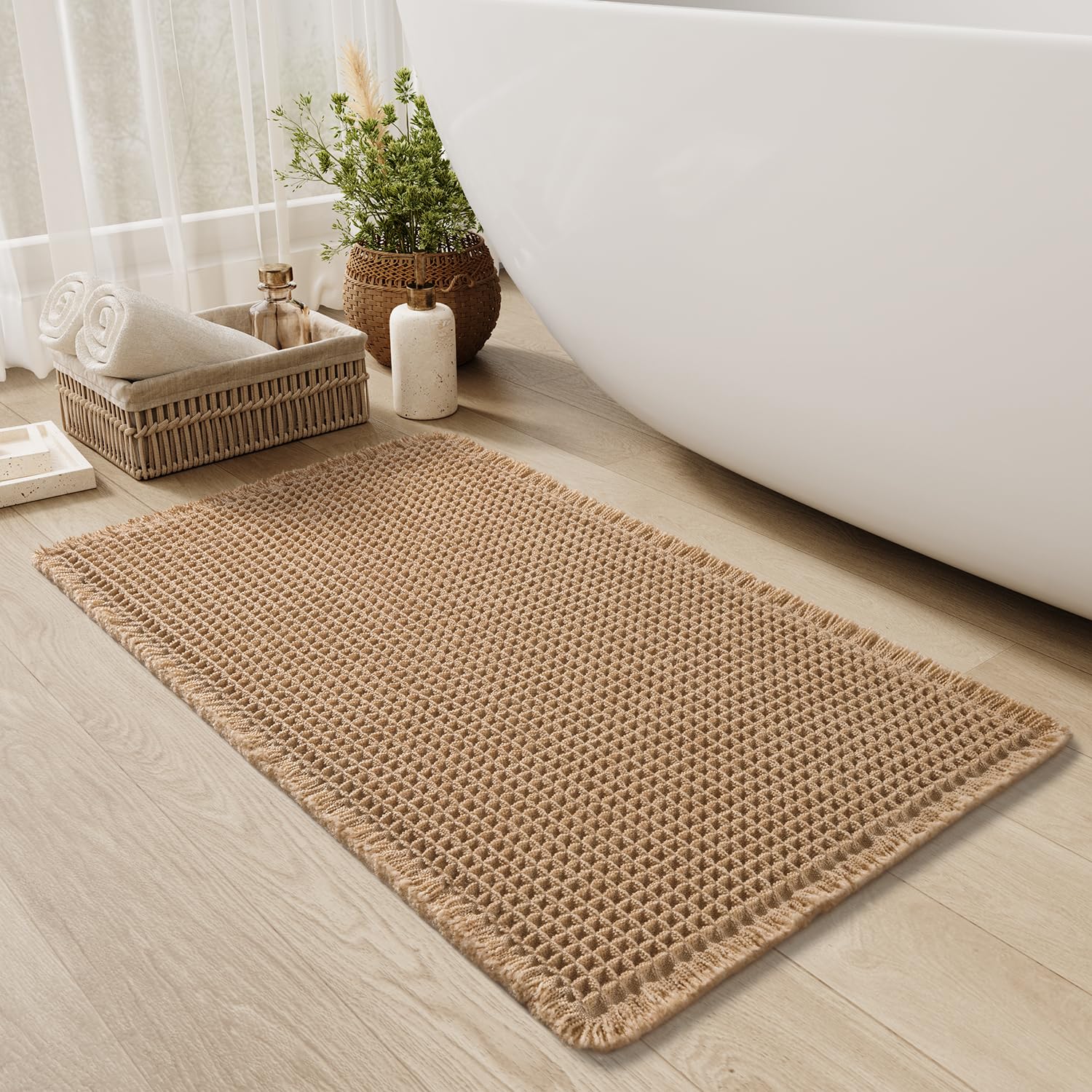 Upgraded Waffle Bath Mat Non Slip Super Absorbent Quick Dry Bath Mats for Bathroom Floor Machine Washable Bathroom Mat Ultra Soft Boho Bathroom Rugs with Tassels Beside Tub, 18" x 30", Brown