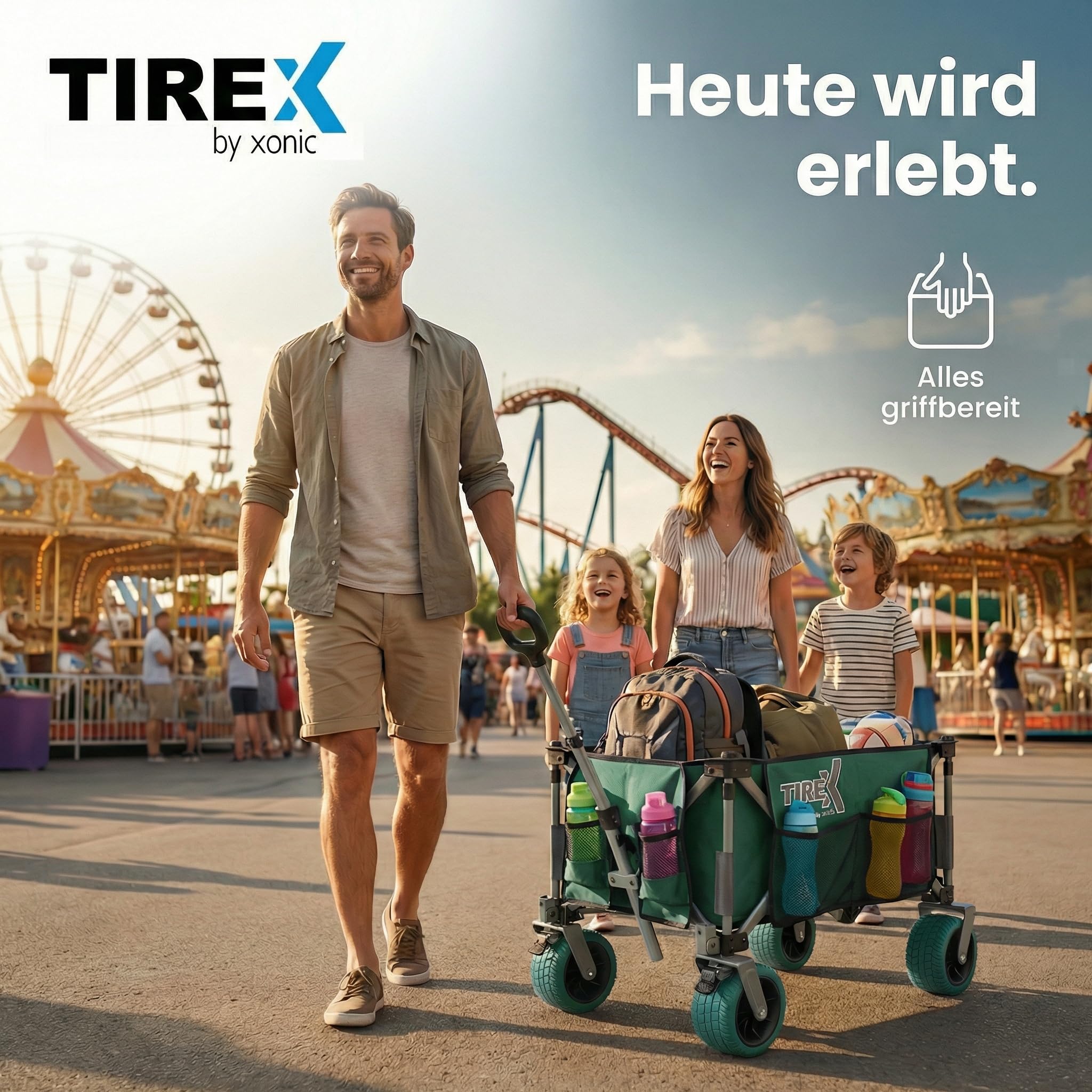 TIREX by xonic® Bollerwagen Faltbar PU XL Rädern aus Vollgummi – Strand & Garten Faltbarer verstellbarem Griff & Fußbremse – Robuster Transportwagen für Kinder & Camping (PU XL Räder, Grün)
