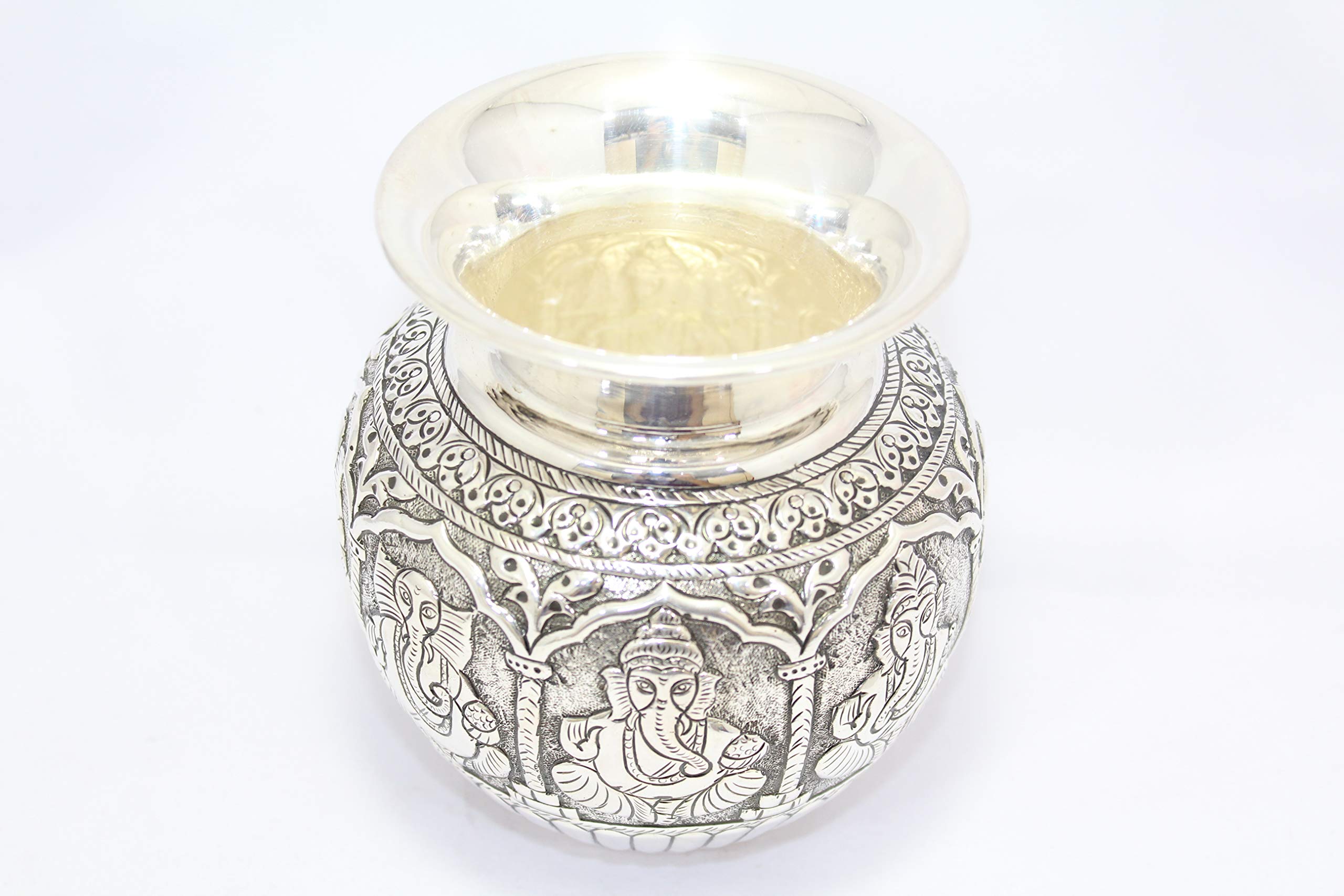 Rajasthan gems Water Pot 925 Sterling Silver Hand Engraved Ganesha Ganesh Temple Pooja Item