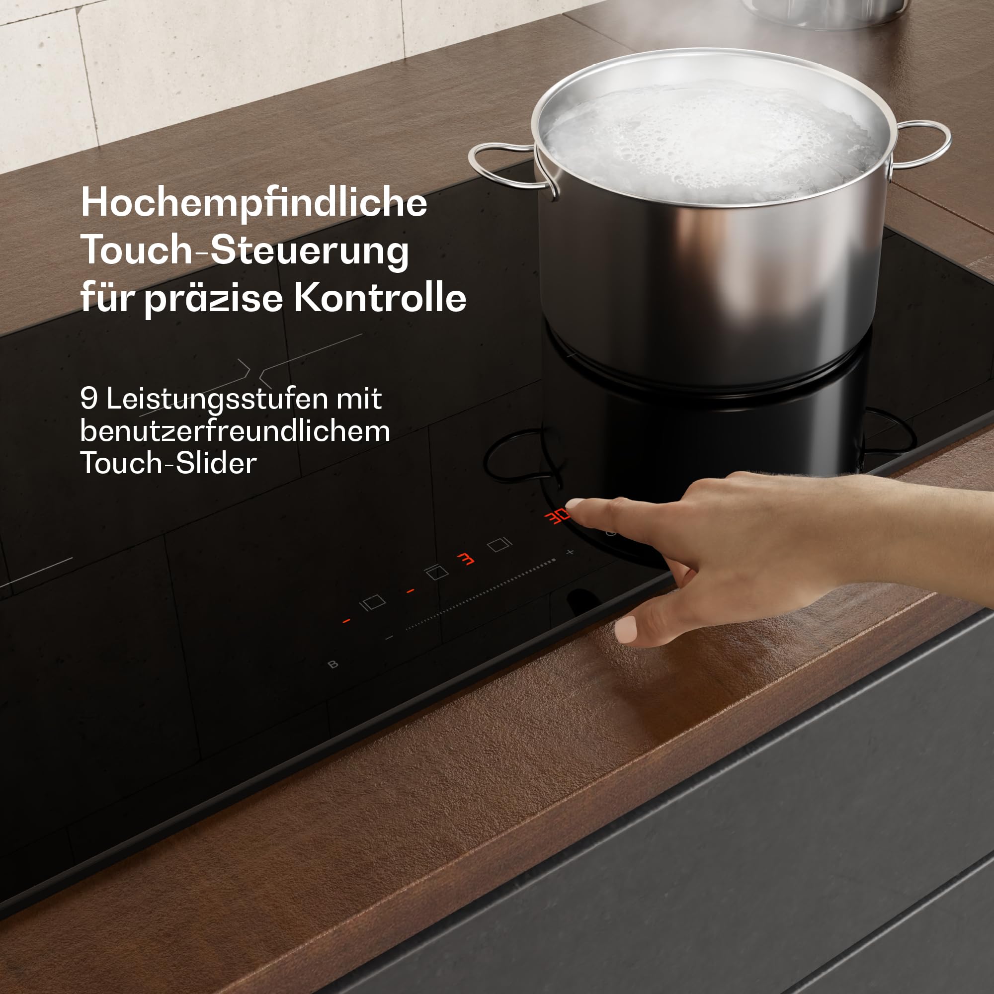 Klarstein Velaire Induktionskochfeld - 80cm, 3-Zonen, 5500W Boost, Touch-Slider, Timer, Kindersicherung, Restwärmeanzeige, Glas, Minimalistisches Design, Kochfeld Induktion