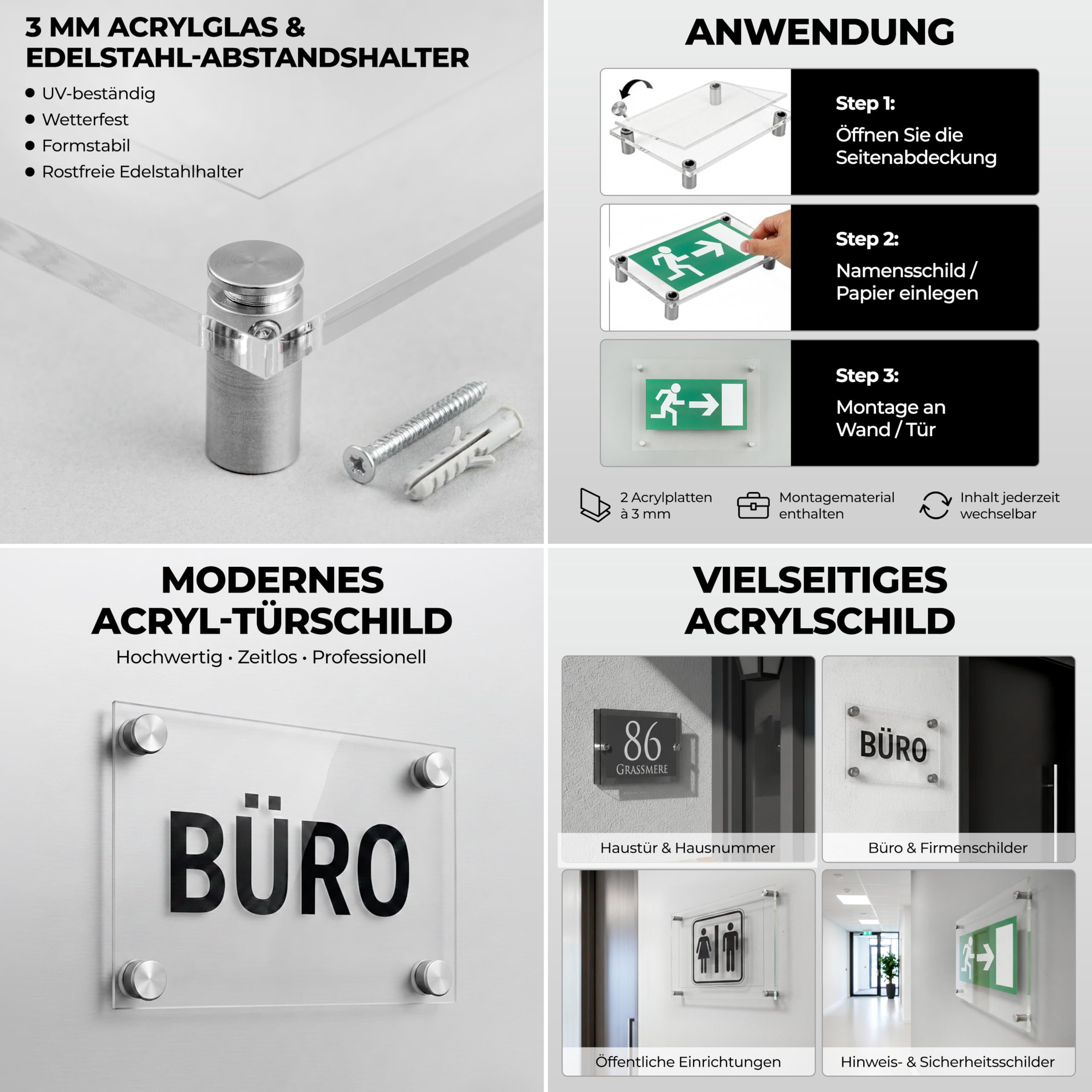 EH Design Türschild/Wandschild aus Acryl I Transparent klare Abdeckung, Büroschild zum selbst beschriften, Infoschild für Wandmontage I inkl. Befestigungsmaterial (300 x 420 mm Silber)