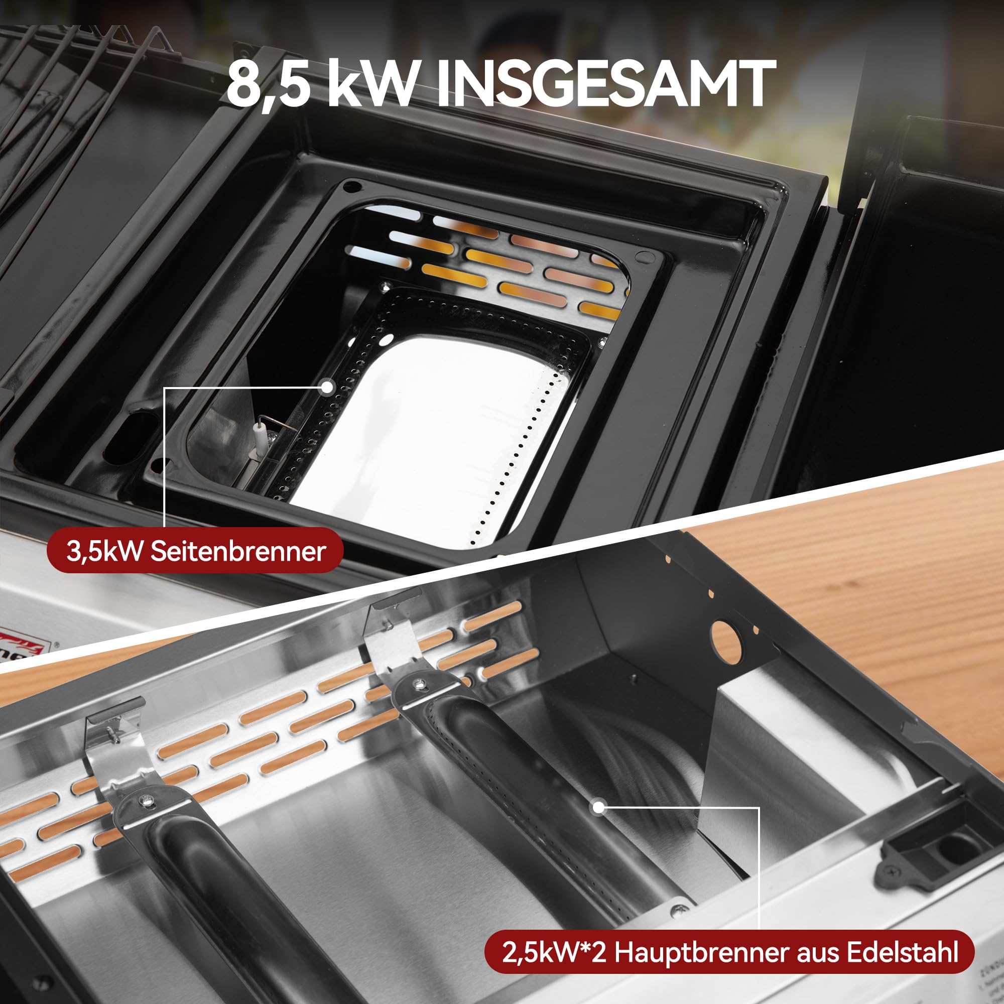 Royal Gourmet 8,5 kW Gasgrill, 3 in 1 Tischgrill mit Grillen, Braten, Kochen, 3 Brenner Tragbarer Picknickgrill Campinggrill mit Klappbare Seitenablage Schwarz