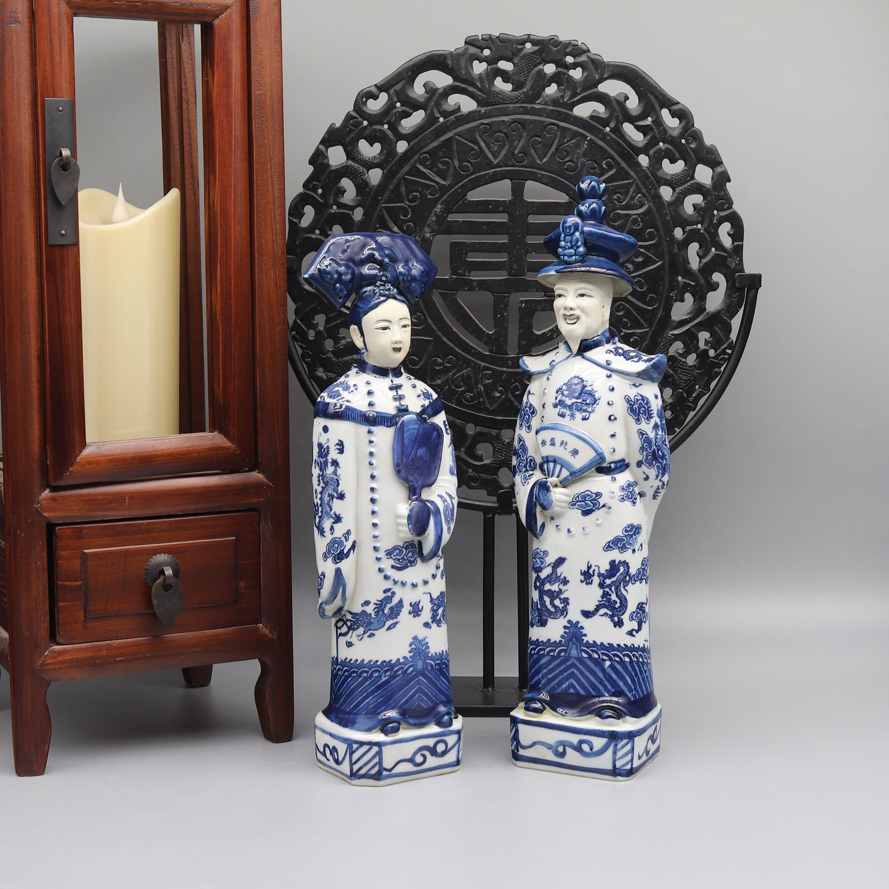 Eastern tide Set di 2 statuine tradizionali in porcellana blu e bianca dell'imperatore cinese e dell'imperatrice cinese, statue decorative in ceramica
