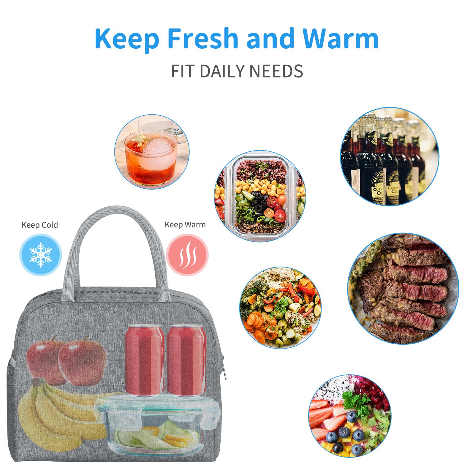 Lonchera para almuerzo, térmica, reutilizable, a prueba de fugas, de alta capacidad, para viajes, trabajo, picnic, playa, para mujeres y hombres, gris 7