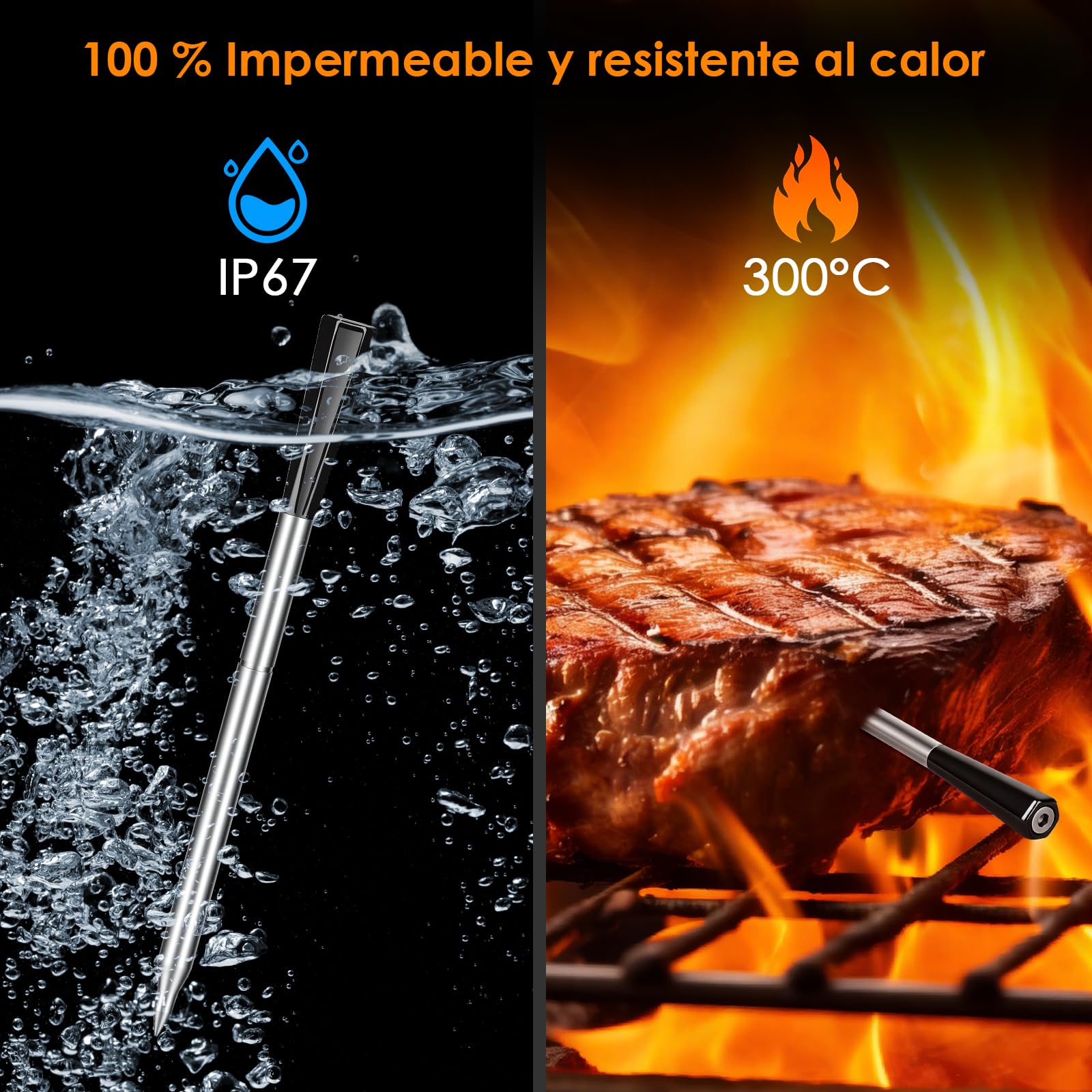 Dreamhigh® Termometro Digital Cocina con Bluetooth, 2 Sondas, IP67 Impermeable​, 0-300°C, Termometro Carne para BBQ, Grill, Cocina, Asador