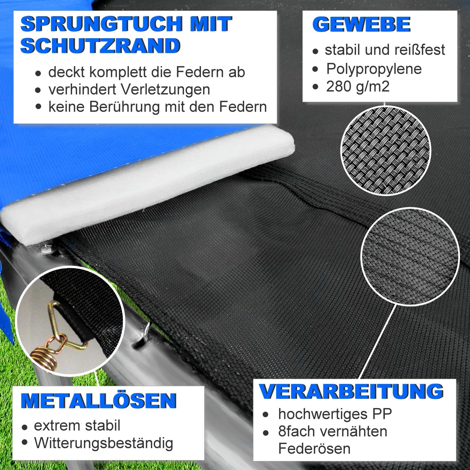 Trampolin Sprungtuch Ø 183 185 198 200 213 215 244 250 251 275 277 300 305 335 337 366 370 380 384 396 400 427 430 457 460 487 490 viele Größen Sprungmatte Ersatzsprungtuch Outdoor
