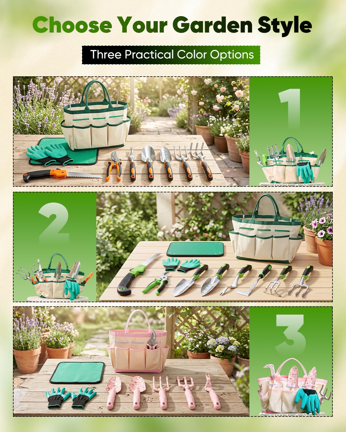 Juego de herramientas de jardín - Kit de herramientas de jardinería de aluminio con asas antideslizantes, guantes de jardinería y bolsa de almacenamiento para plantar, cavar, cuidar el suelo, macizos