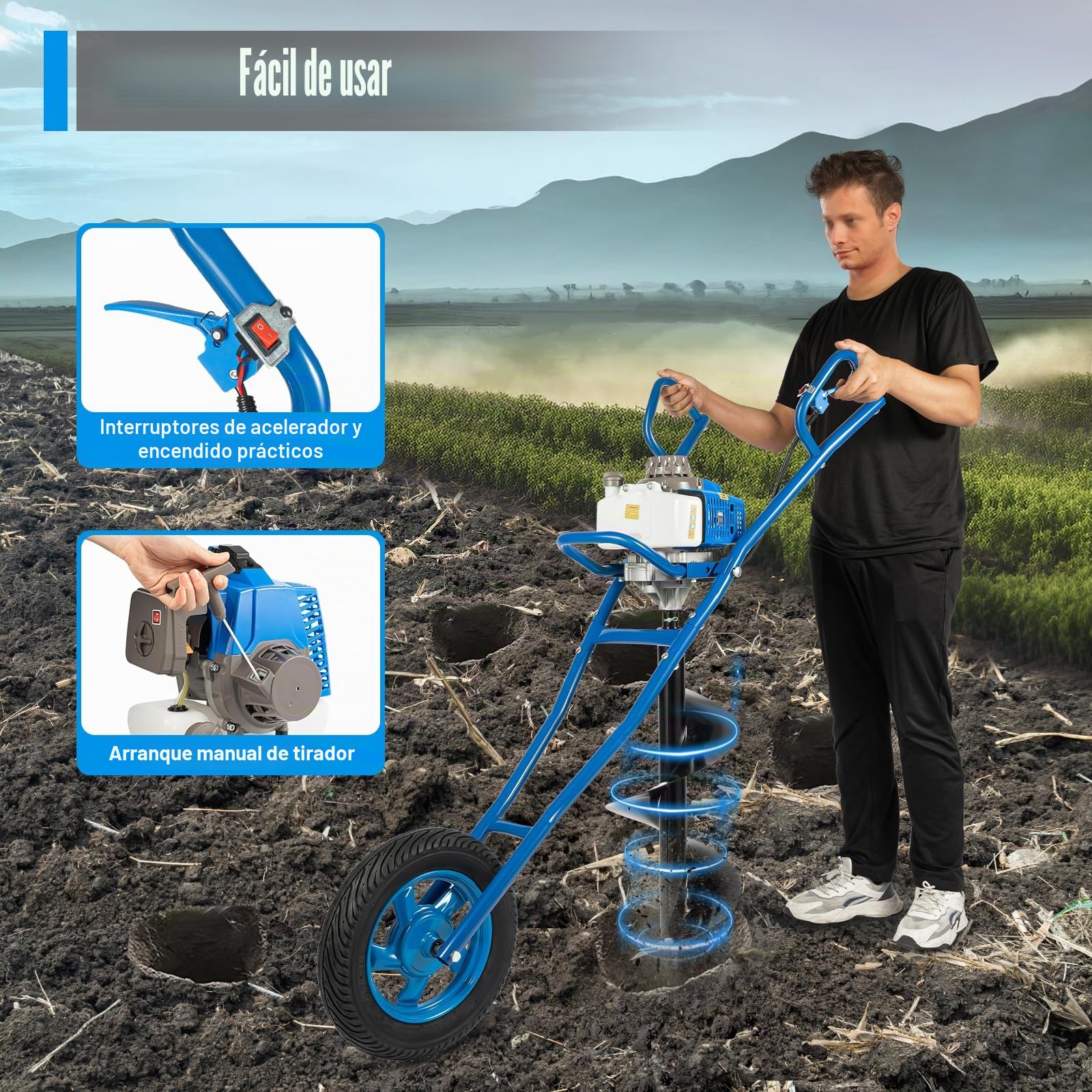 Broca de tierra de 2 tiempos, 63 cc, gasolina, con ruedas, 2200 W, 8800 ± 300 rpm, para jardín, gasolina, 1,3 L, capacidad del depósito de combustible, excavadora, poste de valla con broca de 300 mm