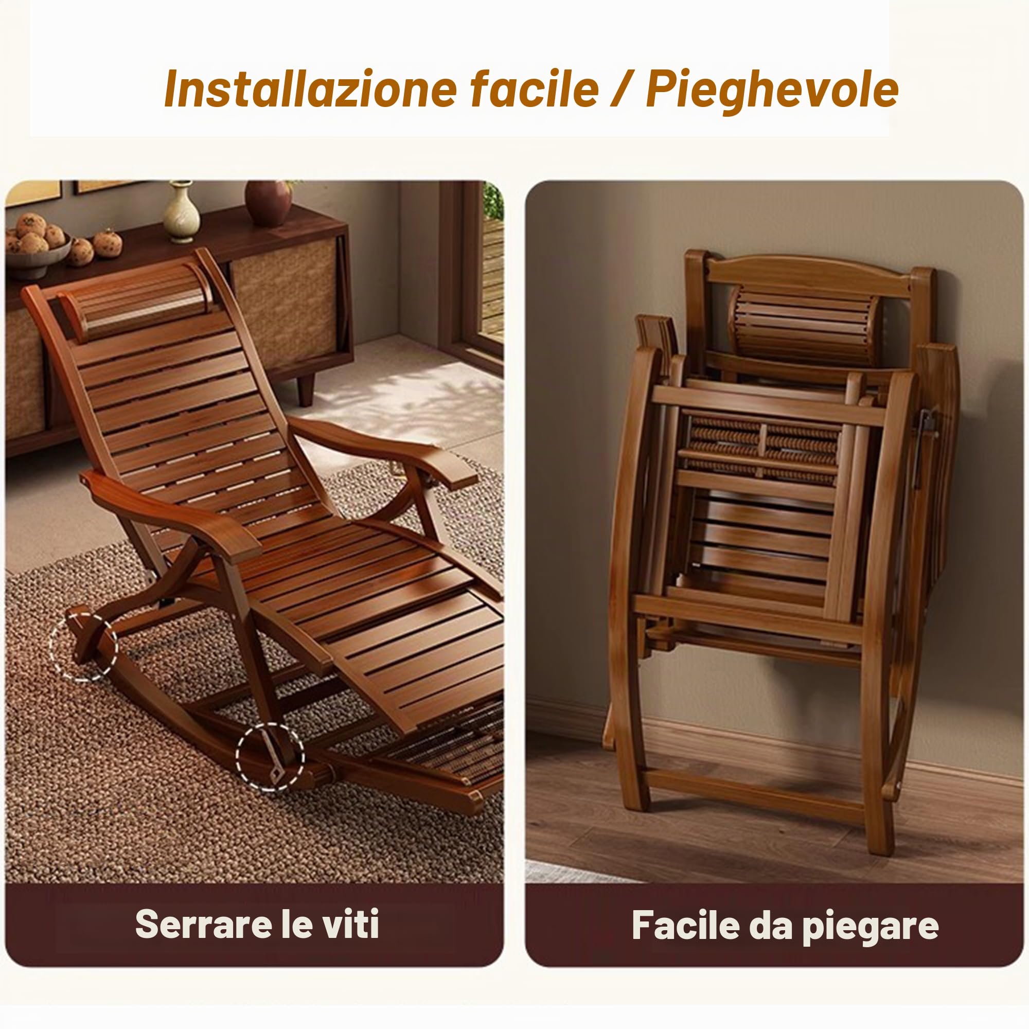 Sedia a Dondolo Pieghevole, Poltrona Reclinabile Regolabile in 5 Posizioni, Lettino Prendisole per Esterni con Poggiapiedi Esteso, Sedia a Sdraio in Legno per Giardino, Patio, Balcone